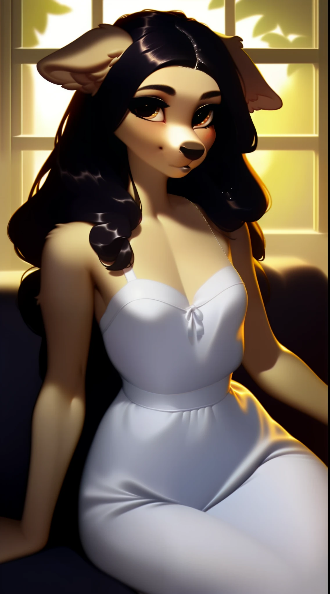 (score_9), (source_ derpibooru_p_95),m, ((cute anthro canine :1.1)), (cute sun dress), blushing, ager, innocent look, solo, long dark hair, anatomically correct, flat chest , high res, extremely detailed, adorable, ribs, hip bones, living room, 1girl, absurd resolution, moonlight, cute nose, cute white snout, realistic hair, fluffy ears, clear face,