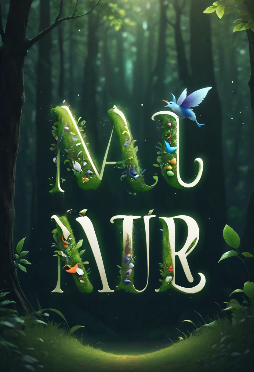 Logo "nature", text as "nature", creative Font Design, typeface, spirit of nature, magical letter-shaped animals, magical creatures, txt says "nature"