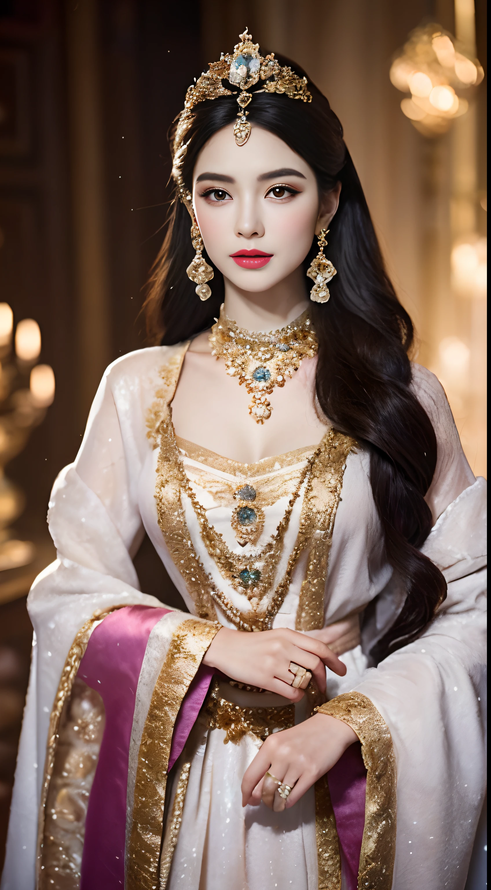（（best qualtiy，8K，tmasterpiece：1.3，full body detailing，Photographic grade））， Costumes worn by ancient princesses in winter，Usually full of ornate and elegant details，Keep their image warm and noble。This is how ancient princesses looked in winter clothes、Description of makeup and costume details：

Clothing appearance：
The winter clothes of ancient princesses are designed to be exquisite and gorgeous，Usually made of silk、vellus hair、Made of expensive materials，Like damask  。They often wear robes or long skirts，Cover the whole body to keep warm。These garments often present ornate embroidery、Gold and silver thread decoration and delicate embroidery，to show their nobility。Princesses also liked to wear fur shawls or Romanesque cloaks，These reinforce their majesty and mature image。

Makeup：
The makeup of ancient princesses focuses on sophistication and luster，Usually based on fair skin。They often wear light makeup，Highlight the contours of the eyes and lips，And use cosmetics containing pearlescent or gold elements to enhance the radiance of the face。Red lipstick and pink blush are often used to add a touch of glamour and vibrancy to their makeup。

Clothing details：
The details of the princess's costume show luxury and sophistication。They often wear valuable jewelry，For example, choker necklace、Earrings and bracelets，These jewels are usually made of gemstones、Made of pearls or precious metals。Ornaments often reflect their status and family heritage。

Clothing details are also important。Princess costumes often have ornate embroidery、Lace、Metal accents or beaded accents。They often wear wide sleeves、Streamlined or loose coat，Tunic treatment is performed on the waist，Accentuate elegant curves。The skirt may have multiple layers of fluffy yarn or pleats，Increase volume and romance。

generally，Ancient princess winter dress look、The makeup and costume details are full of gorgeous and romantic elements，Show their nobility and noble status。