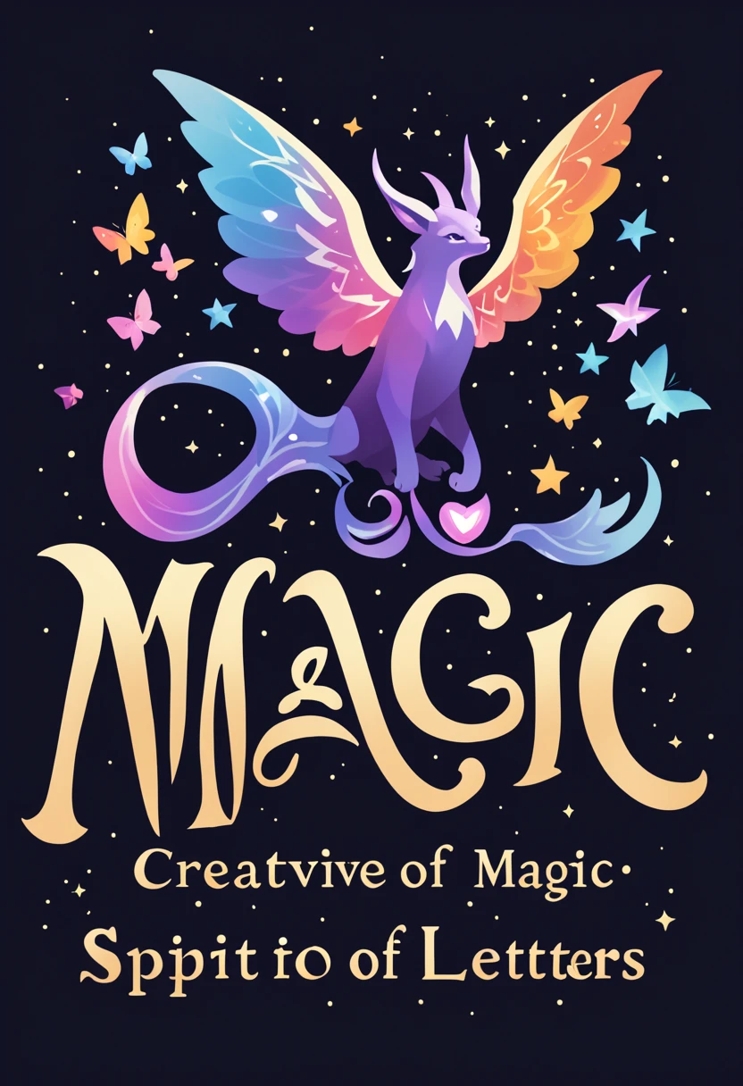 Logo "magic", text as "magic", creative Font Design, typeface, spirit of magic, magical letter-shaped animals, magical creatures, txt says "magic"