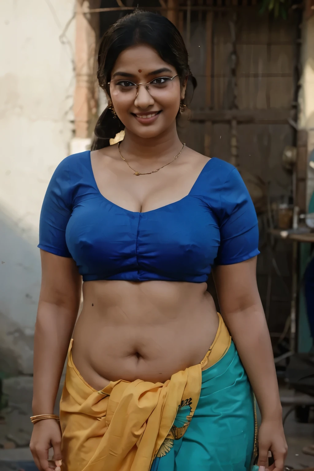 (RAW, masterpiece, best quality:1.15) desi Indian woman wearing colorful saree blouse, 20 years old,(chubby cheeks), (curvy body:1.2), (eyeglasses), (bindi), An Indian beauty, charismatic, dark Indian- skin, view the viewer, naughty smile, Indian slums, (detailed facial features)