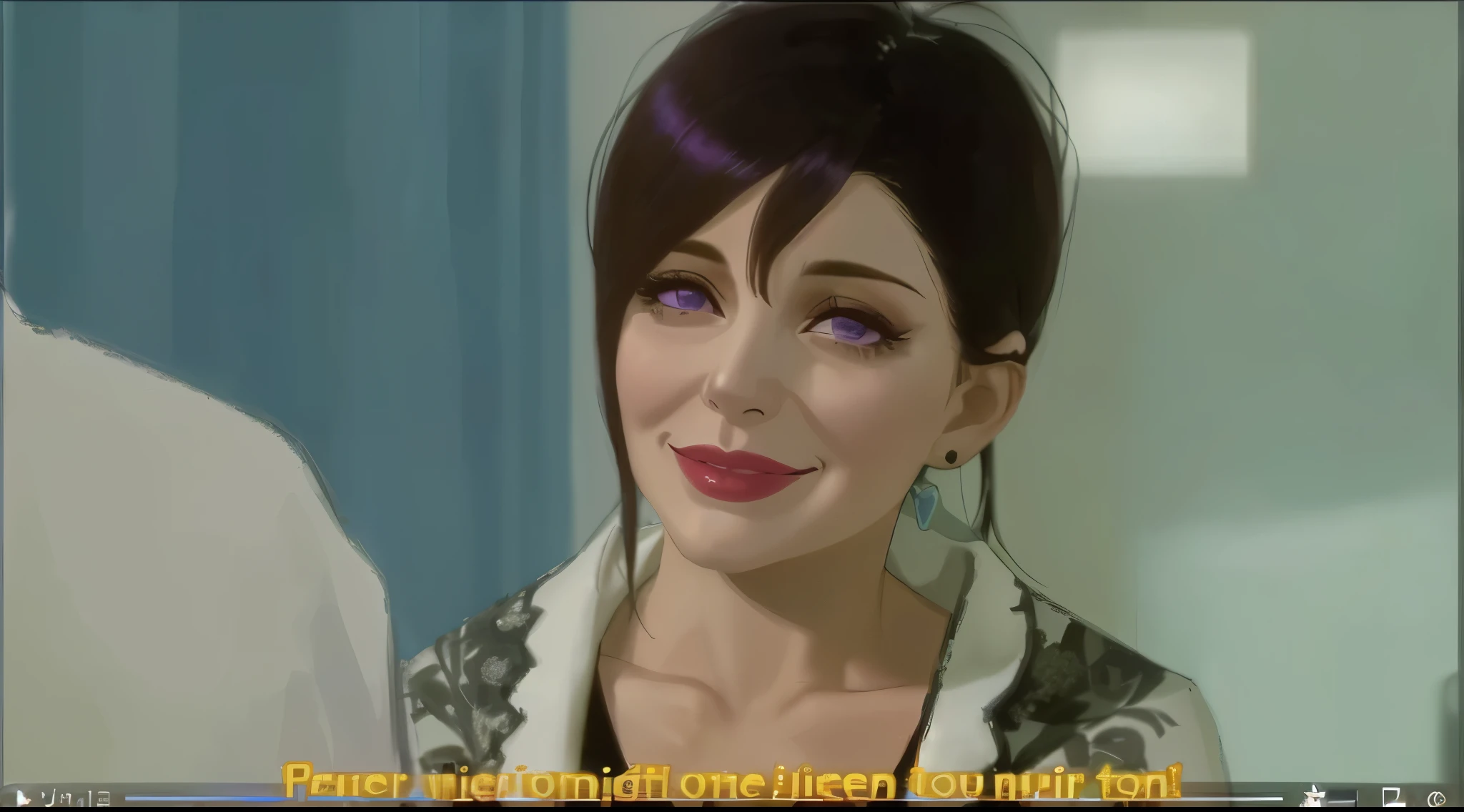 woman with purple violet hair and violet eyes, she is 50 years old, she is talking to someone, she smiles.