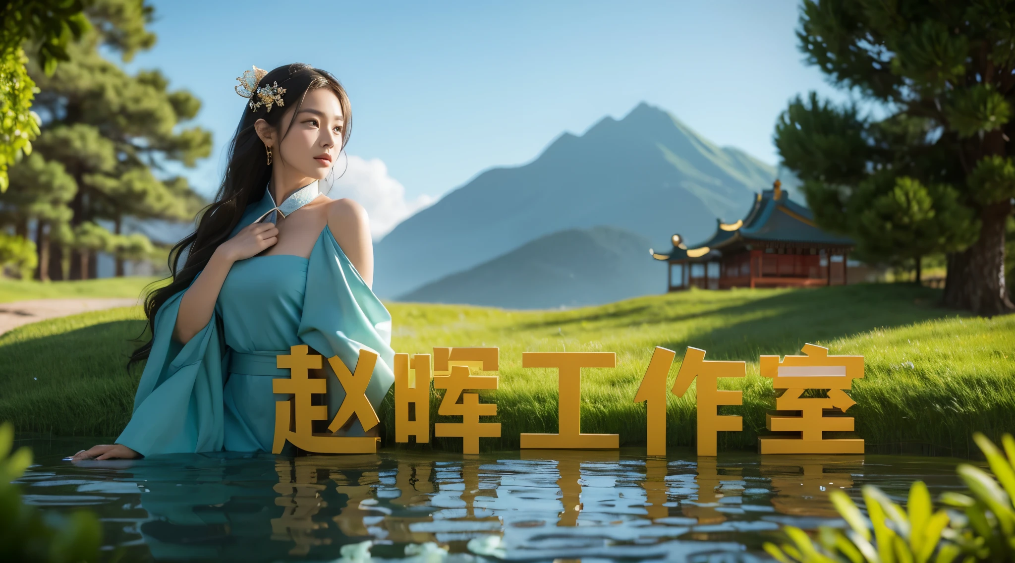 (number art)，1 Wedding Girl, Long Hair, wind, from the depths of the forest, flowers, grass, lakes, mountains, clouds, sun, (Oriental elements, Chinese colors, senior color matching)， (3d sculpture，rendering by octane，volumettic light，Natural soft light，), (super delicate:1.2, lose focus:1.2, extremely colorful, Cinematic Lighting, Chiaroscuro,Ray Tracing), Masterpiece, super rich,super detailed,8k, 3ddianshang\(style\),high res