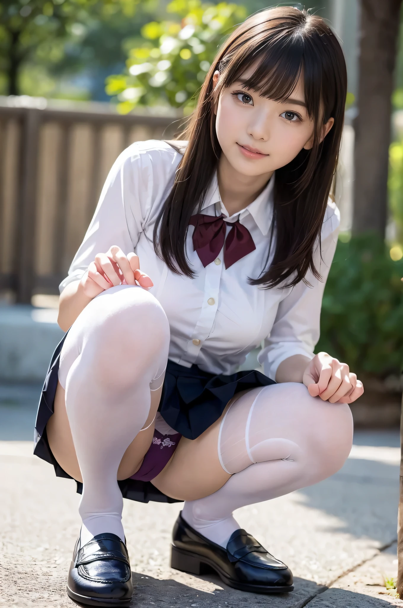 （big breasts：1.7）、heavy chest、High resolution、High level image quality、8k、RAWphotographgraphy、highest quality、masterpiece、table top、gentle smile、erotic、student、Lilac bra made of lace material,black skin,knees,(black pantyhose）,Detailed patterns of panties、panties focus、lace pants、lilac small panties、low angle shot from below、absurd,small face、huge breasts、Beautiful straight and shiny long hair、Beautiful shining straight hair、long hair curled vertically、hair flowing from shoulders to chest、thick, well-groomed bangs、hairline flowing down the sides of the face,hair accessory、masterpiece,highest quality、超High resolution,RAWphotograph,only,,one person, one personで,very nice、woman&#39;high uniform,high school girl,日本人woman,Are standing,（Photoreal：1.37）、photon mapping,pink ribbon,realistic、かわいいsmall face,brown eyes、black socks、22 years ago、(red bow tie)、radio city、物理ベースのonlyダリング、prospect、written boundary depth、blurred background、photograph,girl、body,beautiful feet, long legs, thin legs, soft nose,(white blouse shirt), (navy pleated skirt), kneesが見える,thin clothes,, thigh, black cotton socks,Nogizaka Idol, actress, Japanese ID、sparkling eyes、glossy lips、skirt lift、squatting pose、kneesを曲げて座る、Spread your legs and squat down、Show panties and sit down、black loafers、black shoes