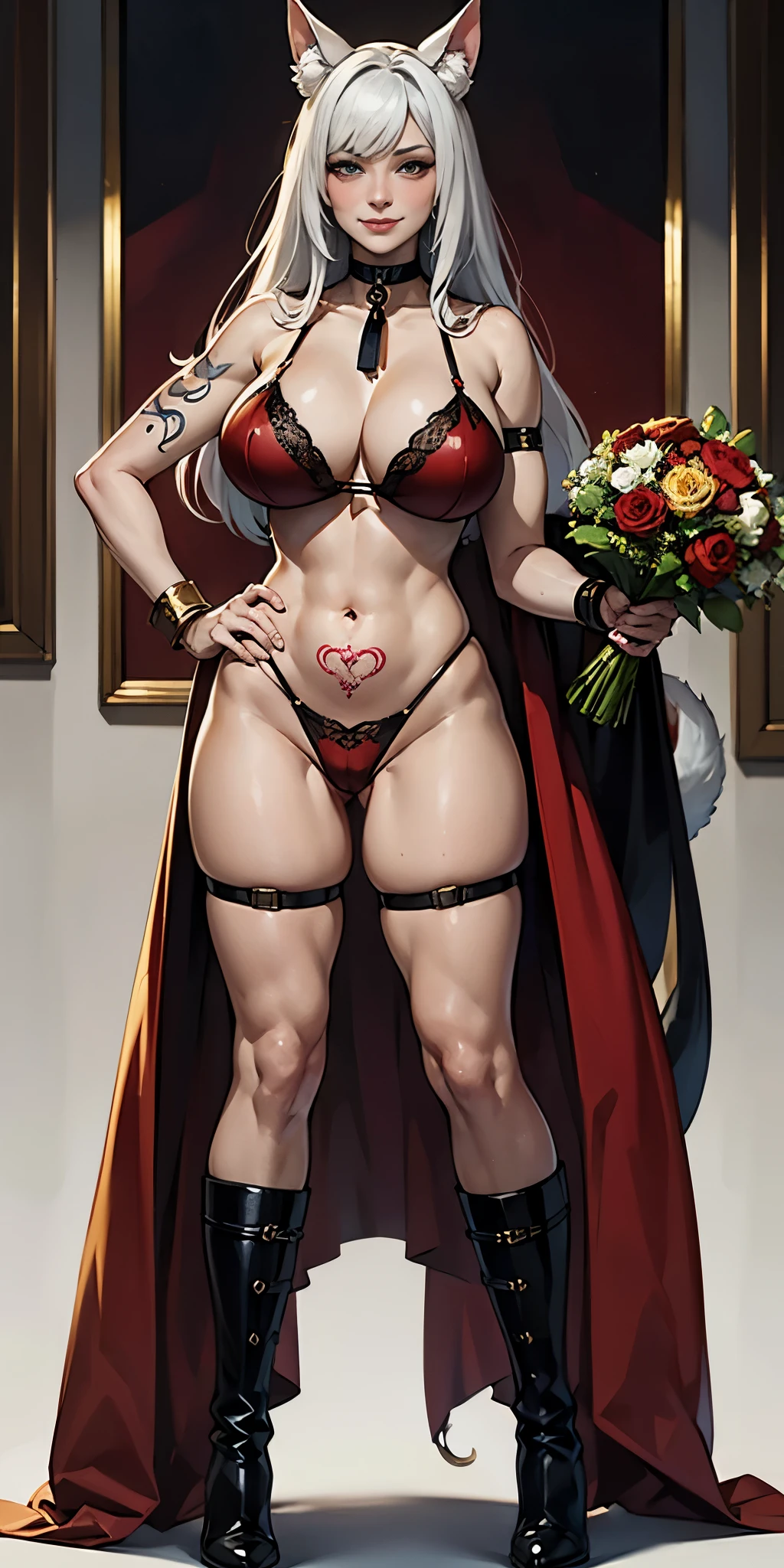Fema full body standing symmetrical lustful smirking smile face (red blush), holding bouquet of flowers, holding both hands, full body toe to head, feet together, high boots, big breast, hands on hips. (red tattoo on belly, white background, long tail, fluffy dog ears), black choker on neck, golden bracers on knees and wristband on arms
