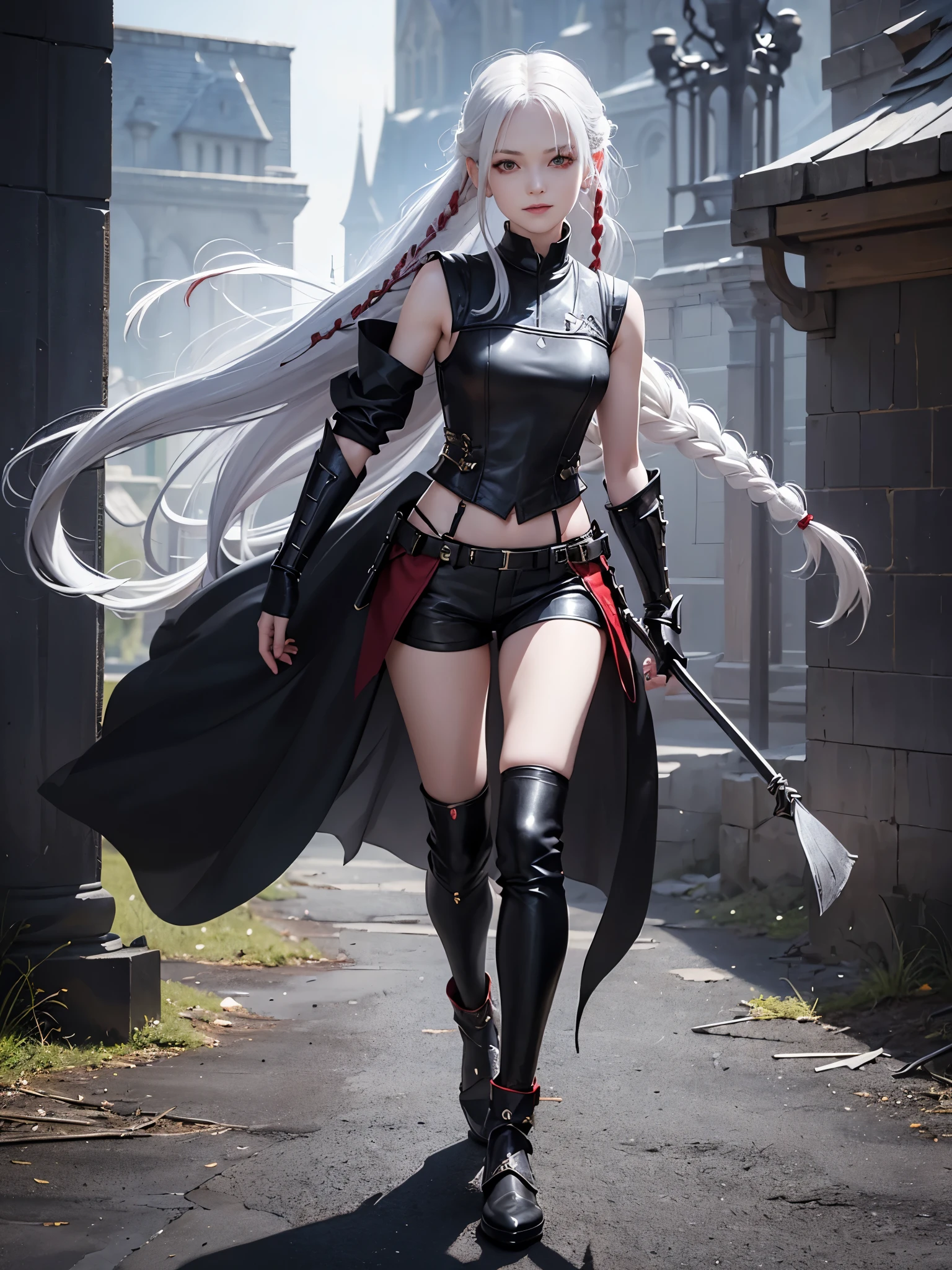 (red eyes), solo, 1girl, young girl, smug expression, cheerful smirk, shadow on eyes, pale skin, (long white hair with single braid), (messy haircut), (fantasy medieval clothes), (black sleeveless shirt), ((light armored clothes)), leather pants, light shoes, full-body portrait, standing, many scars on body, 