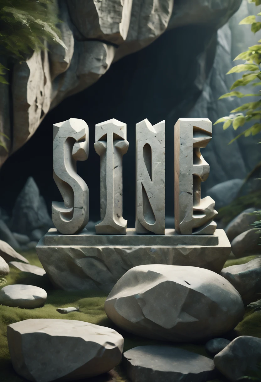 Logo "Stone", text as "Stone", creative Font Design, typeface, spirit of Stone, Stone texture, magical letter-shaped animals, magical creatures, txt says "Stone"
