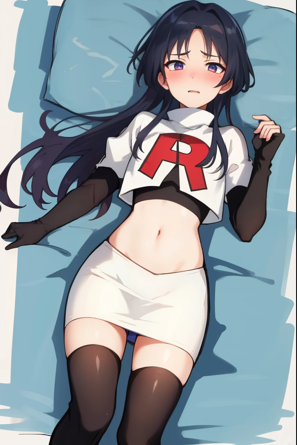 absurdres,masterpiece, trap, best quality, highres, high quality, 1boy, solo, male focus, hair, crossdressing,1boy,team rocket,team rocket uniform,white skirt,red letter R,crop top,black thigh-highs,black elbow gloves, embarrassed, blush