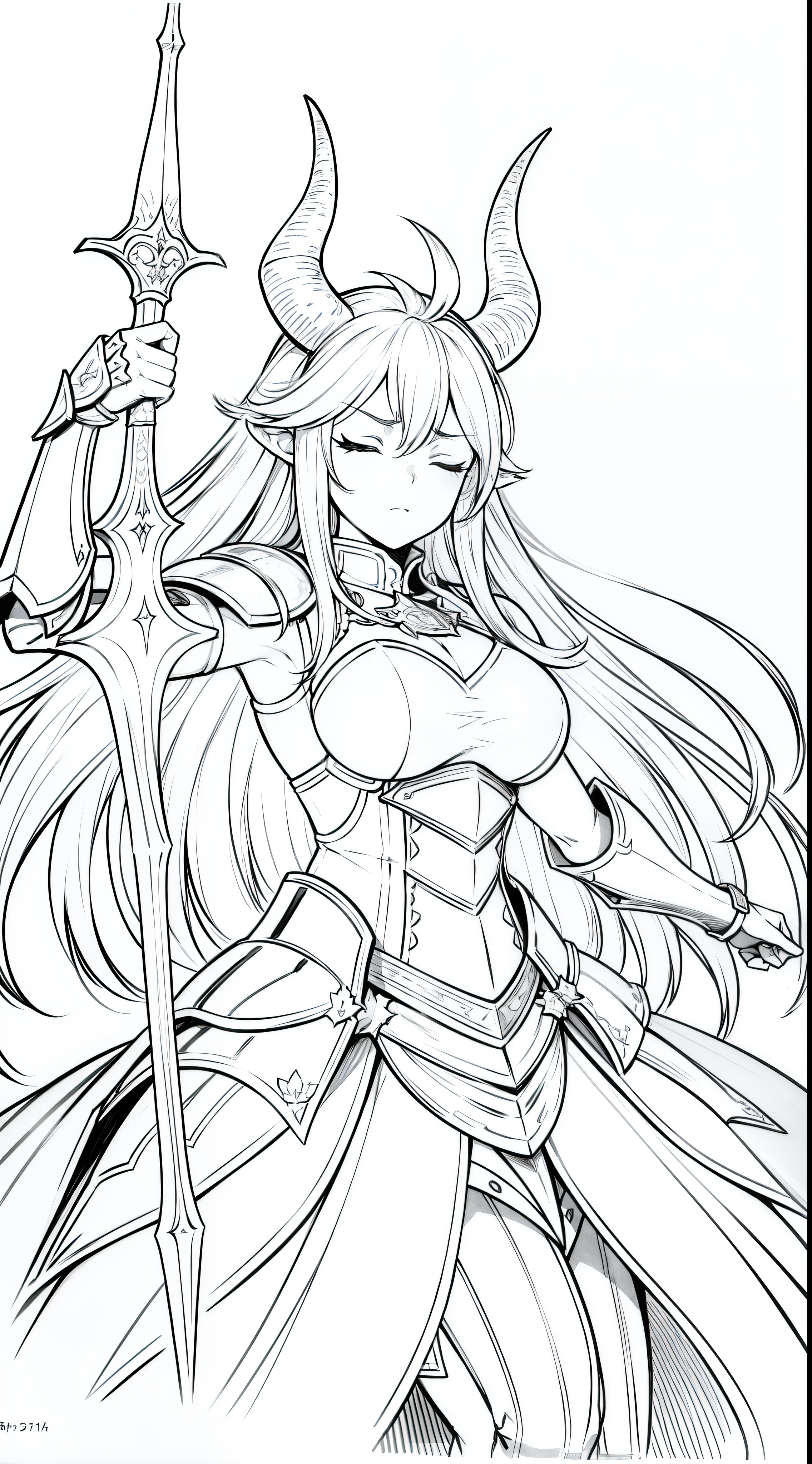 1 garota,18 anos,chifres,cabelo longo,catyl hair,Knight Templar armor,(fundo branco,desenho de linha),raising a hand, gracioso,olhos fechados,pose de batalha,Inexpressivo