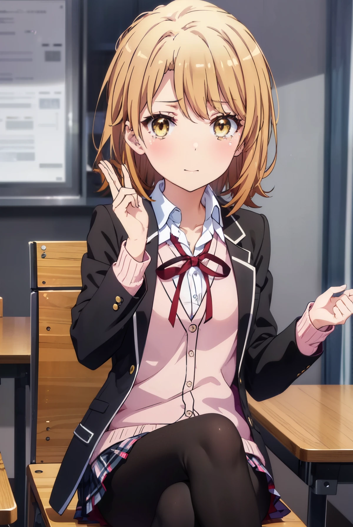 irohaisshiki, iroha isshiki, short hair, brown hair, (brown eyes:1.5), smile,tears run down her face,Crying with joy,birthday会,机の上にケーキが置いてある
break skirt, shirt, ribbon, school uniform, Jacket, white shirt, open clothes, black pantyhose, open Jacket, black Jacket, plaid, knee high, plaid skirt, blazer, cardigan, pink cardigan, sobu high school uniform,birthday,birthday_party,sitting in a chair,birthday_have,ball,cupcake,birthday_cupcake,cheerfulness,Kaihuai,cheerfulness_atmosphere,風景
break indoors, classroom,
break (masterpiece:1.2), highest quality, High resolution, unity 8k wallpaper, (figure:0.8), (detailed and beautiful eyes:1.6), highly detailed face, perfect lighting, Very detailed CG, (perfect hands, perfect anatomy),