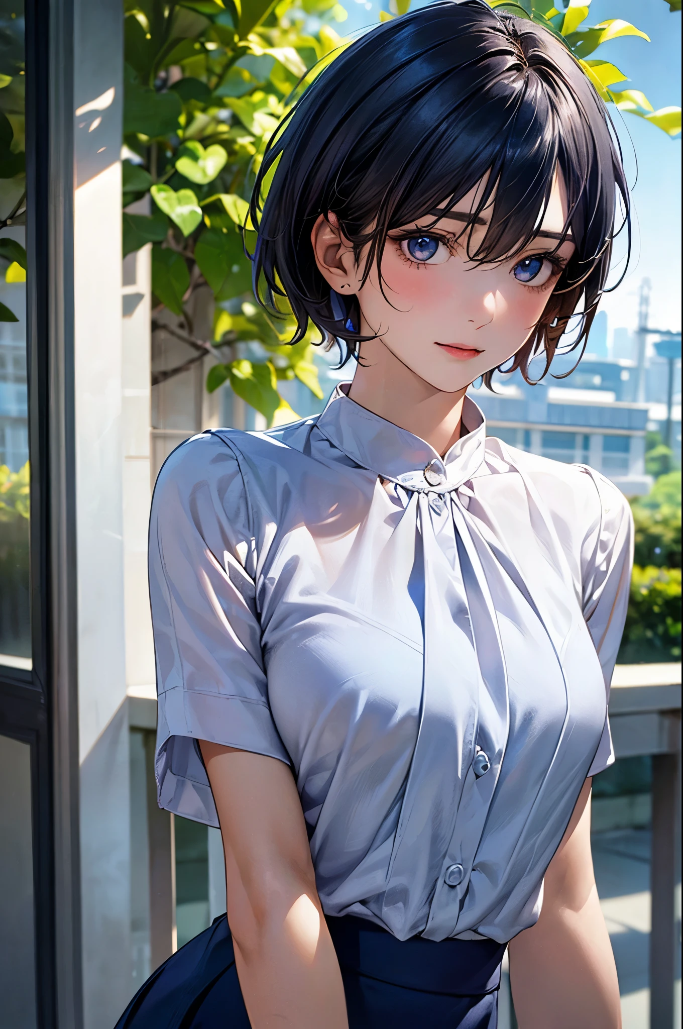 (masterpiece:1.2, top-quality), (realistic, photorealistic:1.4), beautiful illustration, (natural side lighting, movie lighting), nsfw,
looking at viewer, (face focus, upper body), front view:1.0, 1 girl, japanese, office lady, , perfect face, cute and symmetrical face, shiny skin,
(short hair, pixie cut hairstyle, flipped hair, navy hair), hair between eyes, dark blue eyes, long eye lasher, (medium breasts), slender,
beautiful hair, beautiful face, beautiful detailed eyes, beautiful clavicle, beautiful body, beautiful chest, beautiful thigh, beautiful legs, beautiful fingers,
((white collar light blue blouse, navy mini skirt)),
(beautiful scenery), evening, (outside park), standing, (ok sign), head tit, (doyagao ),