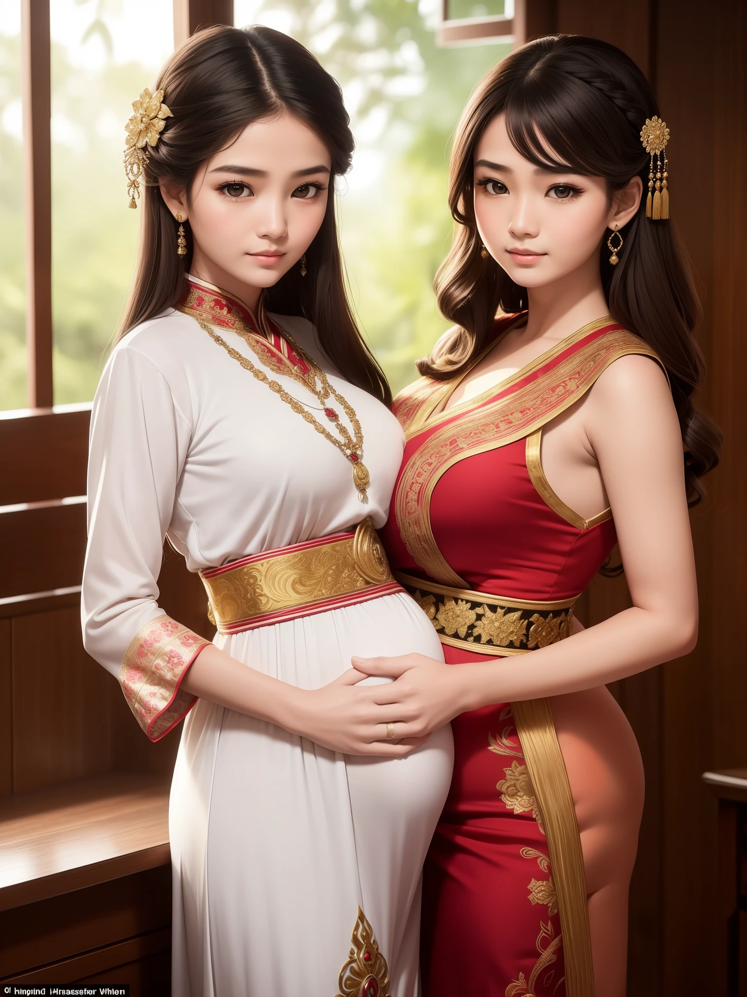 (Masterpiece:1.2, best quality), A captivating 16-year-old woman from the Czech Republic, dressed in traditional attire, poses gracefully within a tranquil Thai home. Her intricately designed Czech outfit, a beautiful blend of colors and patterns, adorns her slender figure. Her pregnancy glow radiates from her gentle demeanor. With a tender smile, she cradles her baby bump, her detailed eyes gazing intently into the camera, showcasing their expressive depth and unique Thai heritage. Her hair, styled in soft waves, compliments the vivid colors of her traditional attire. The soft lighting from the surrounding room highlights the delicate details