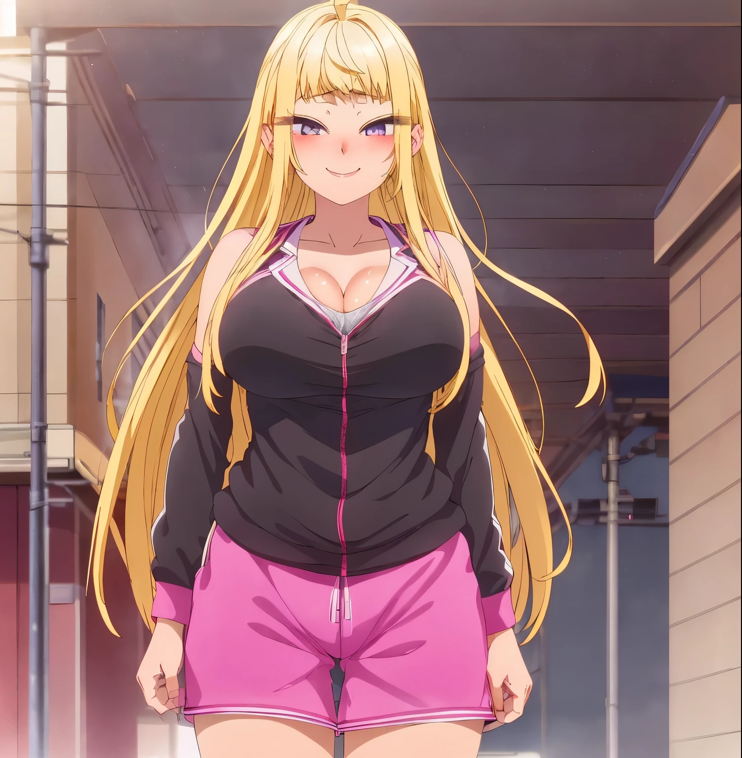 , 1 girl, ahoge, alone, Minami Fuyuki, blonde hair, long hair, purple eyes, looking at viewer, smile, (blush on nose: 1.2), sports top tight pink,cleavage,sweating,tight black sweatpants,outdoor,park,walking,sunset,good lighting,thick thighs,nsfw,(from below: 1.2),uncensored,(high resolution: 1.2),(ultra detailed : 1.2), [high dynamic range lighting], (masterpiece: 1.3), (best quality), high quality intricate details, (extremely detailed CG unity 8k wallpaper: 1.2), best shadow, (extremely fine touch detailed: 1.2), (high resolution), (4k), (pixiv), perfect face, pretty eyes and face, (super detailed), detailed face and eyes, textured skin, absurd, high resolution, deep skin, perfect anatomy, perfect hands, big breasts, medium waist, wide hips, medium thighs