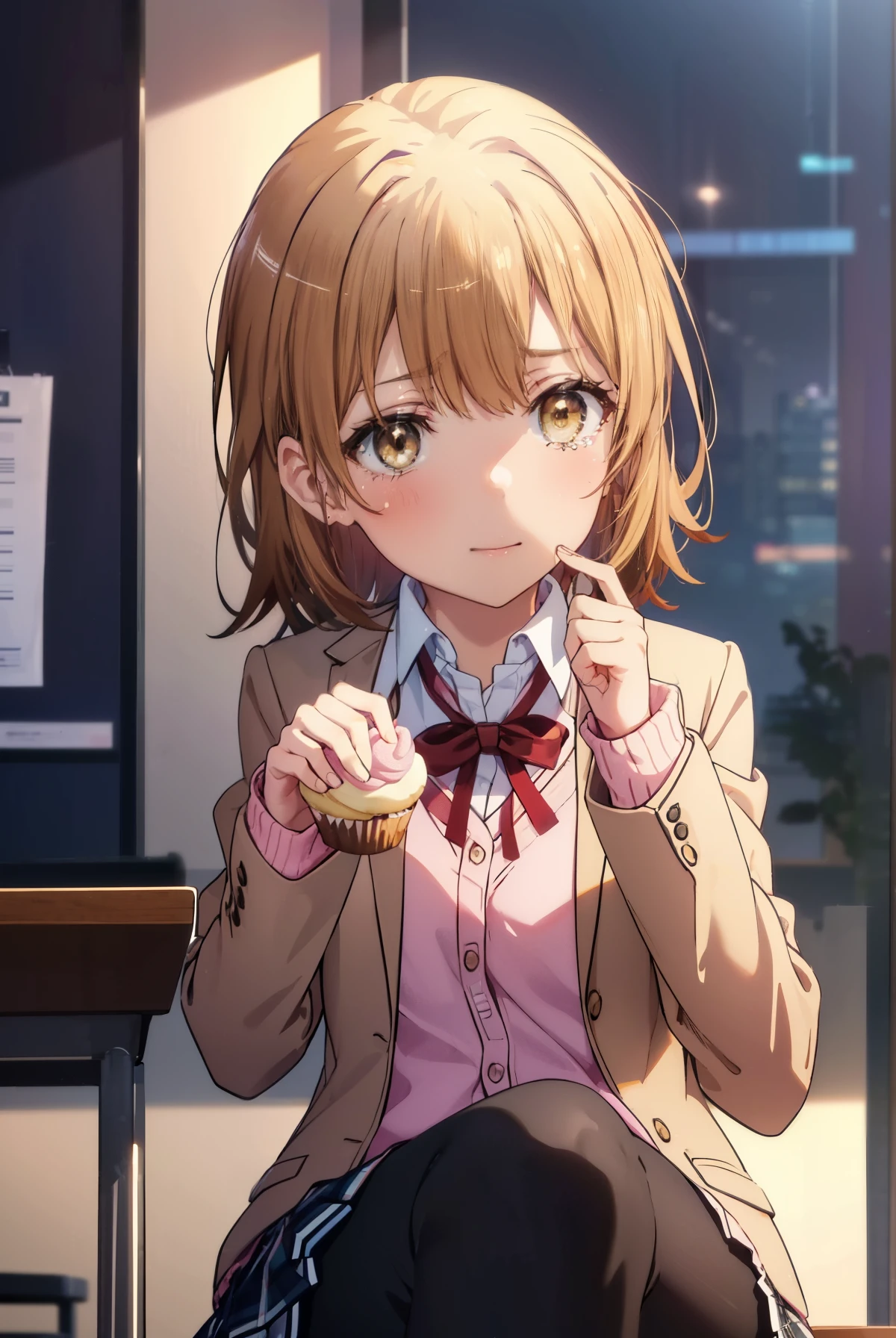 irohaisshiki, iroha isshiki, short hair, brown hair, (brown eyes:1.5), smile,tears run down her face,Crying with joy,birthday会,机の上にケーキが置いてある
break skirt, shirt, ribbon, school uniform, Jacket, white shirt, open clothes, black pantyhose, open Jacket, black Jacket, plaid, knee high, plaid skirt, blazer, cardigan, pink cardigan, sobu high school uniform,birthday,birthday_party,sitting in a chair,birthday_have,ball,cupcake,birthday_cupcake,cheerfulness,Kaihuai,cheerfulness_atmosphere,風景
break indoors, classroom,
break (masterpiece:1.2), highest quality, High resolution, unity 8k wallpaper, (figure:0.8), (detailed and beautiful eyes:1.6), highly detailed face, perfect lighting, Very detailed CG, (perfect hands, perfect anatomy),