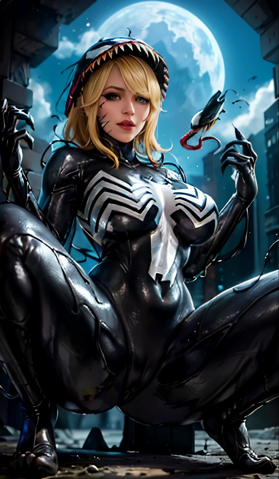 4K,realisticlying,Glamorous,The very detailed,There a girl in Dingcheng,Blonde hair,Wearing a black Spider-Man costume,(Black and white:1.4) the night,symbiote,venomize,a large amount of mucus,she a spiderman,Black superhero theme,In front of the sky,Flushed complexion,( Open legs, camel-toe,, Vulvar shape:1.3),(GGCameltoe:1.3)Legs apart,25 age old,full bodyesbian