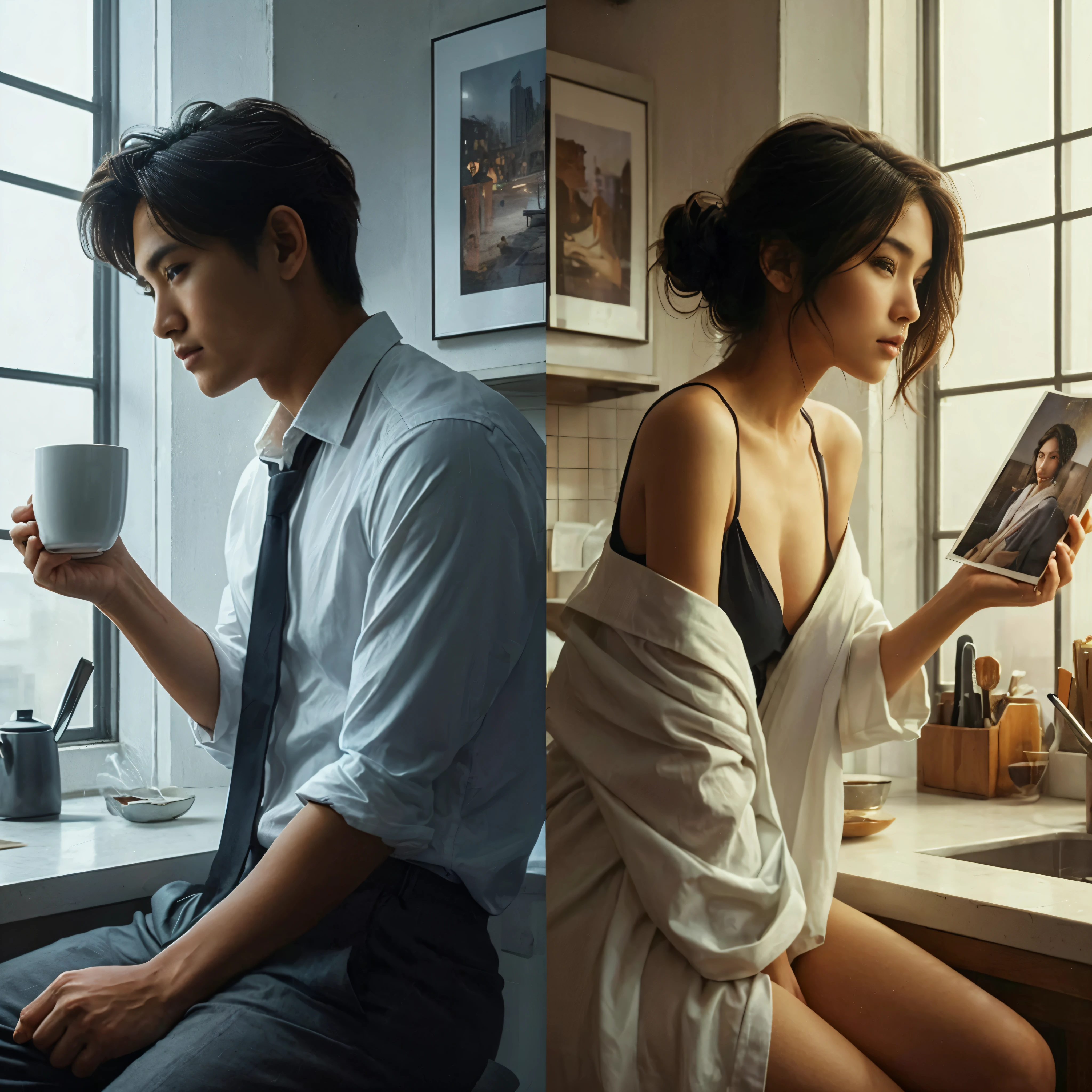 one images collage a showing two different picture with same foreground.
(first picture a show one asia man is leaning against the wall, holding a coffee cup in office).
(second picture a show one asia woman hijab is leaning against the wall and facing right, holding a photo in bed room).perfect body,epicrealism,ultra HD,atmospheric impressionism,photography,film dramatic realism,pre-raphaelite realism,detail on face,soft focus realism --ar 36:61 --stylize 750 --v6.