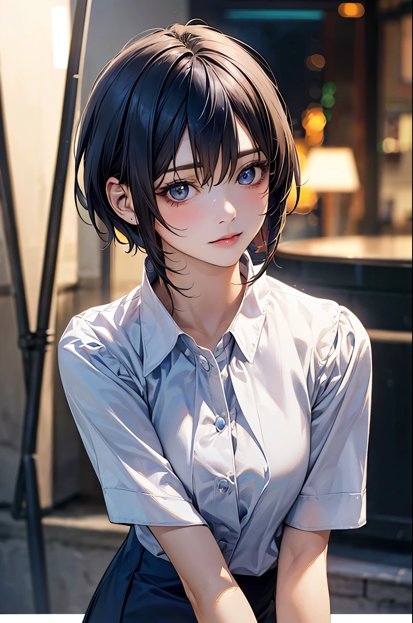 (masterpiece:1.2, top-quality), (realistic, photorealistic:1.4), beautiful illustration, (natural side lighting, movie lighting), nsfw, 
looking at viewer, (face focus, upper body), front view:1.0, 1 girl, japanese, office lady, 17 years old, perfect face, cute and symmetrical face, shiny skin, 
(short hair, pixie cut hairstyle, flipped hair, navy hair), hair between eyes, dark blue eyes, long eye lasher, (medium breasts), slender, 
beautiful hair, beautiful face, beautiful detailed eyes, beautiful clavicle, beautiful body, beautiful chest, beautiful thigh, beautiful legs, beautiful fingers, 
((white collar light blue blouse, navy mini skirt)), 
(beautiful scenery), evening, (outside park), standing, (ok sign), head tit, (doyagao ),