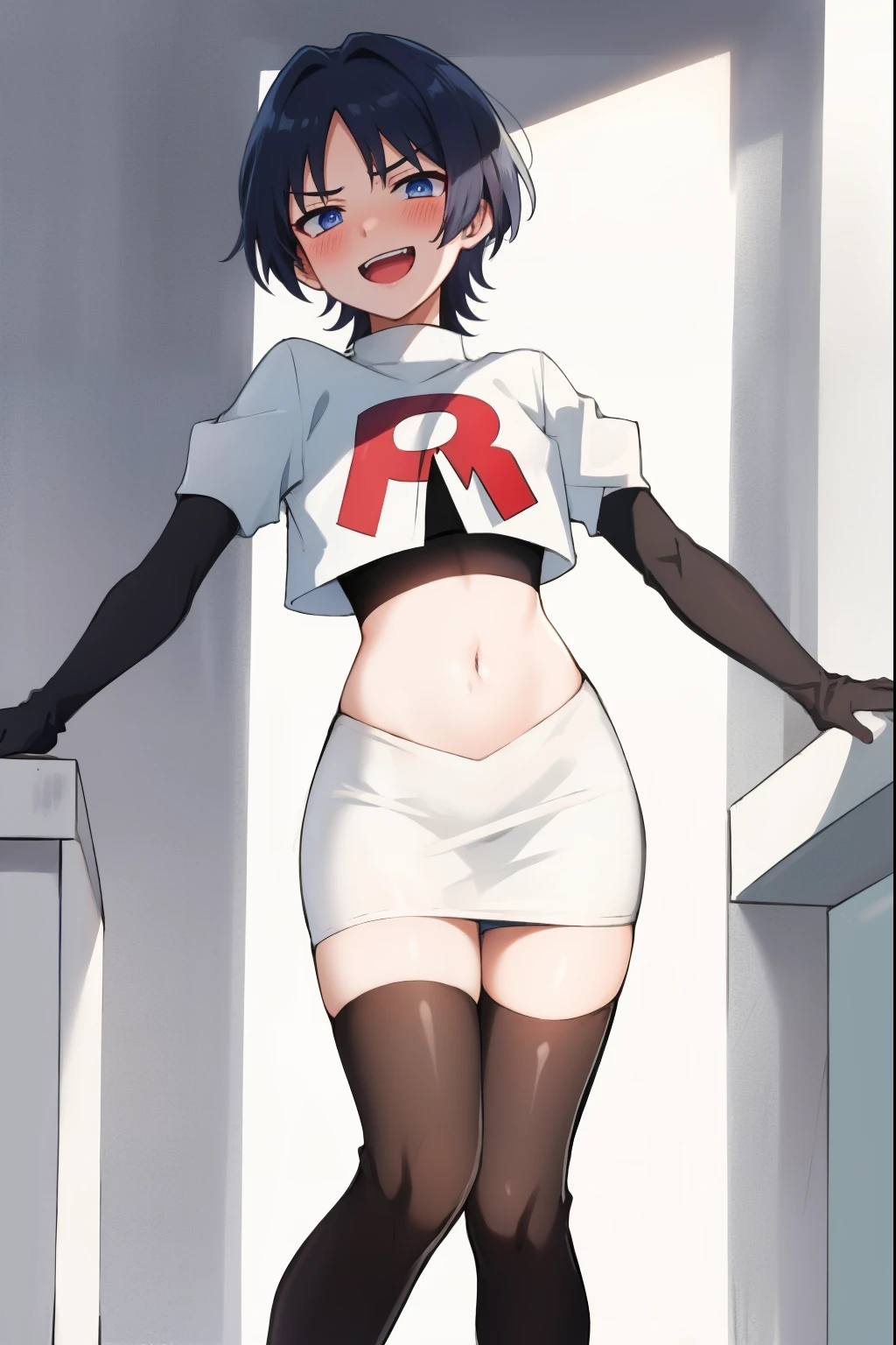 absurdres,masterpiece, trap, best quality, highres, high quality, 1boy, solo, male focus, hair, crossdressing,1boy,team rocket,team rocket uniform,white skirt,red letter R,crop top,black thigh-highs,black elbow gloves, evil laugh, blush