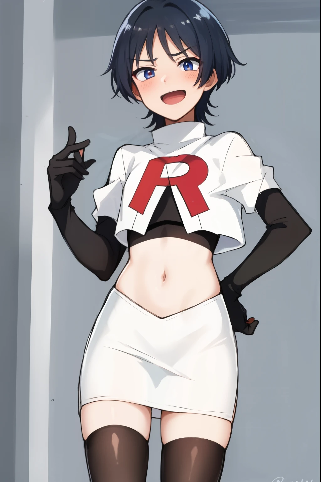 absurdres,masterpiece, trap, best quality, highres, high quality, 1boy, solo, male focus, hair, crossdressing,1boy,team rocket,team rocket uniform,white skirt,red letter R,crop top,black thigh-highs,black elbow gloves, evil laugh, blush
