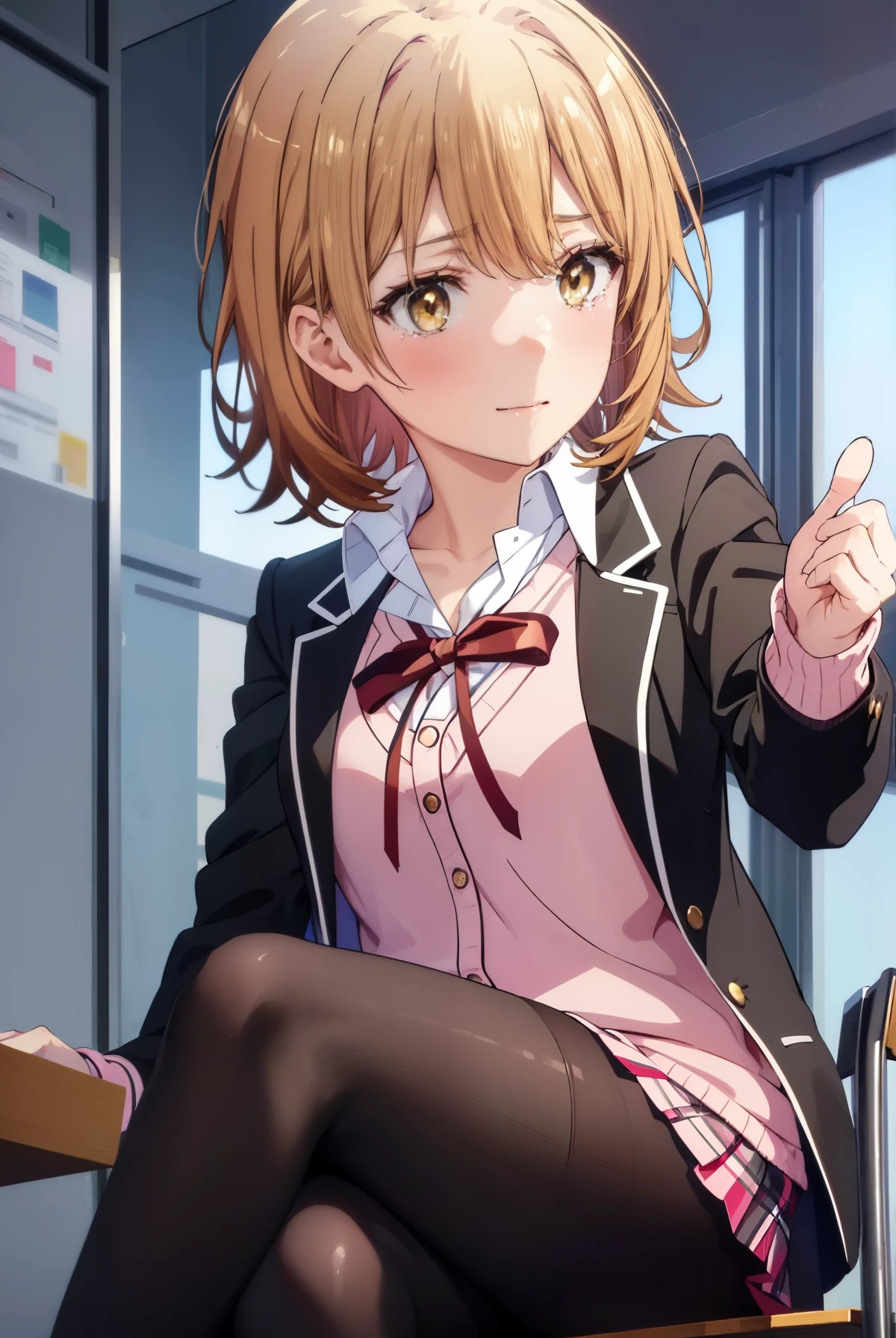 irohaisshiki, iroha isshiki, short hair, brown hair, (brown eyes:1.5), smile,tears run down her face,Crying with joy,birthday会,机の上にケーキが置いてある
break skirt, shirt, ribbon, school uniform, Jacket, white shirt, open clothes, black pantyhose, open Jacket, black Jacket, plaid, knee high, plaid skirt, blazer, cardigan, pink cardigan, sobu high school uniform,birthday,birthday_party,sitting in a chair,birthday_have,ball,cupcake,birthday_cupcake,cheerfulness,Kaihuai,cheerfulness_atmosphere,風景
break indoors, classroom,
break (masterpiece:1.2), highest quality, High resolution, unity 8k wallpaper, (figure:0.8), (detailed and beautiful eyes:1.6), highly detailed face, perfect lighting, Very detailed CG, (perfect hands, perfect anatomy),