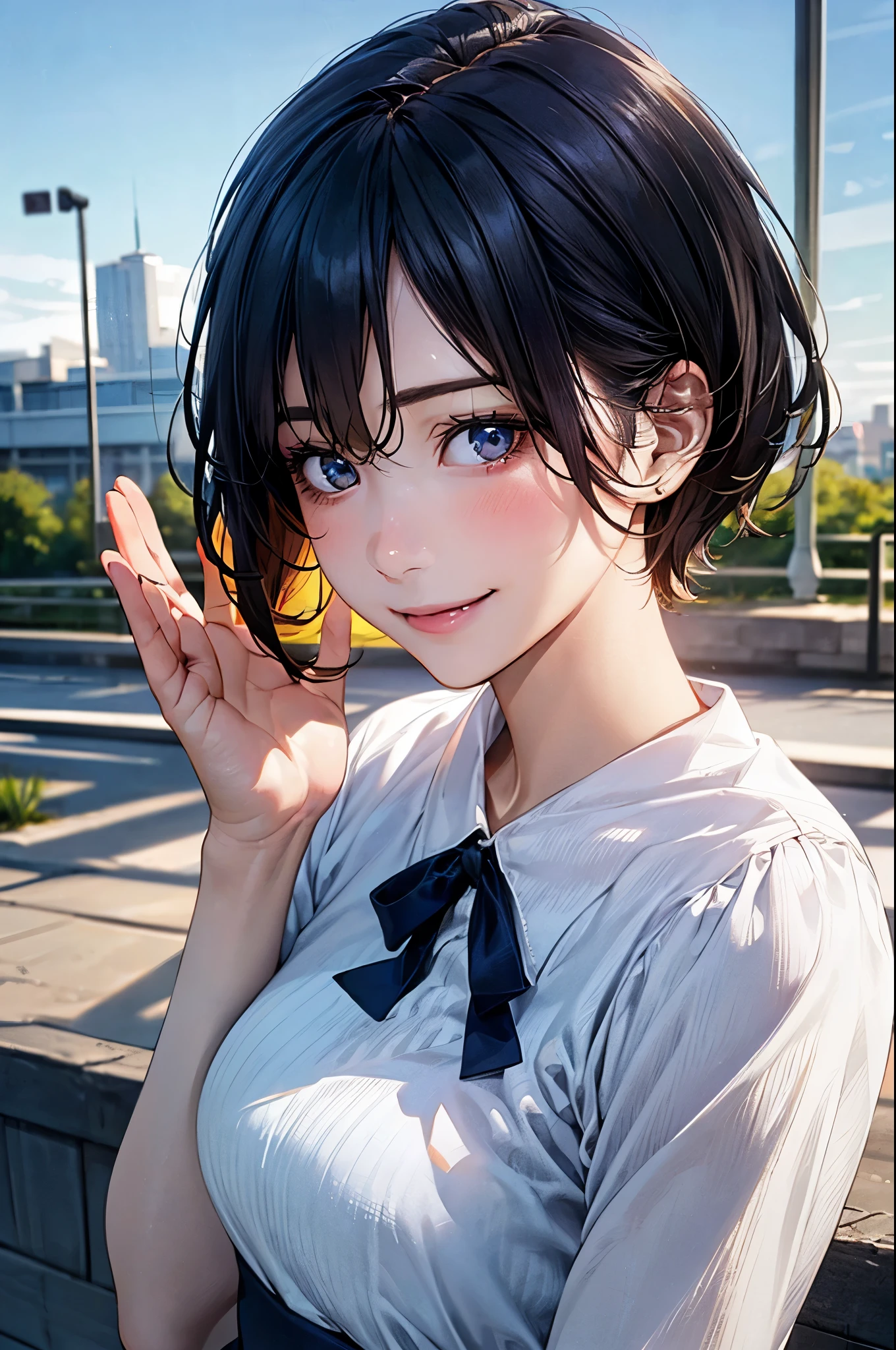 Anime girl with black hair and blue eyes posing for a picture - SeaArt AI