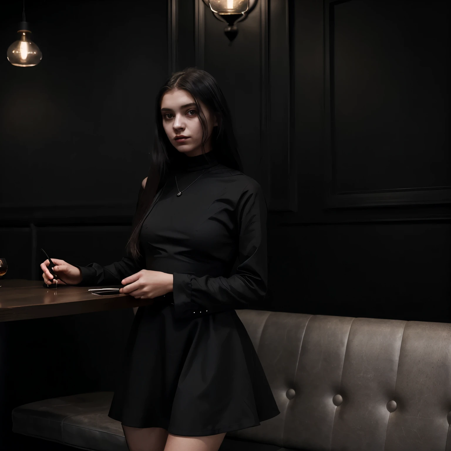 a girl wearing a black dress in a  modern restaurant, Dark Aesthetic, black aesthetic luxury