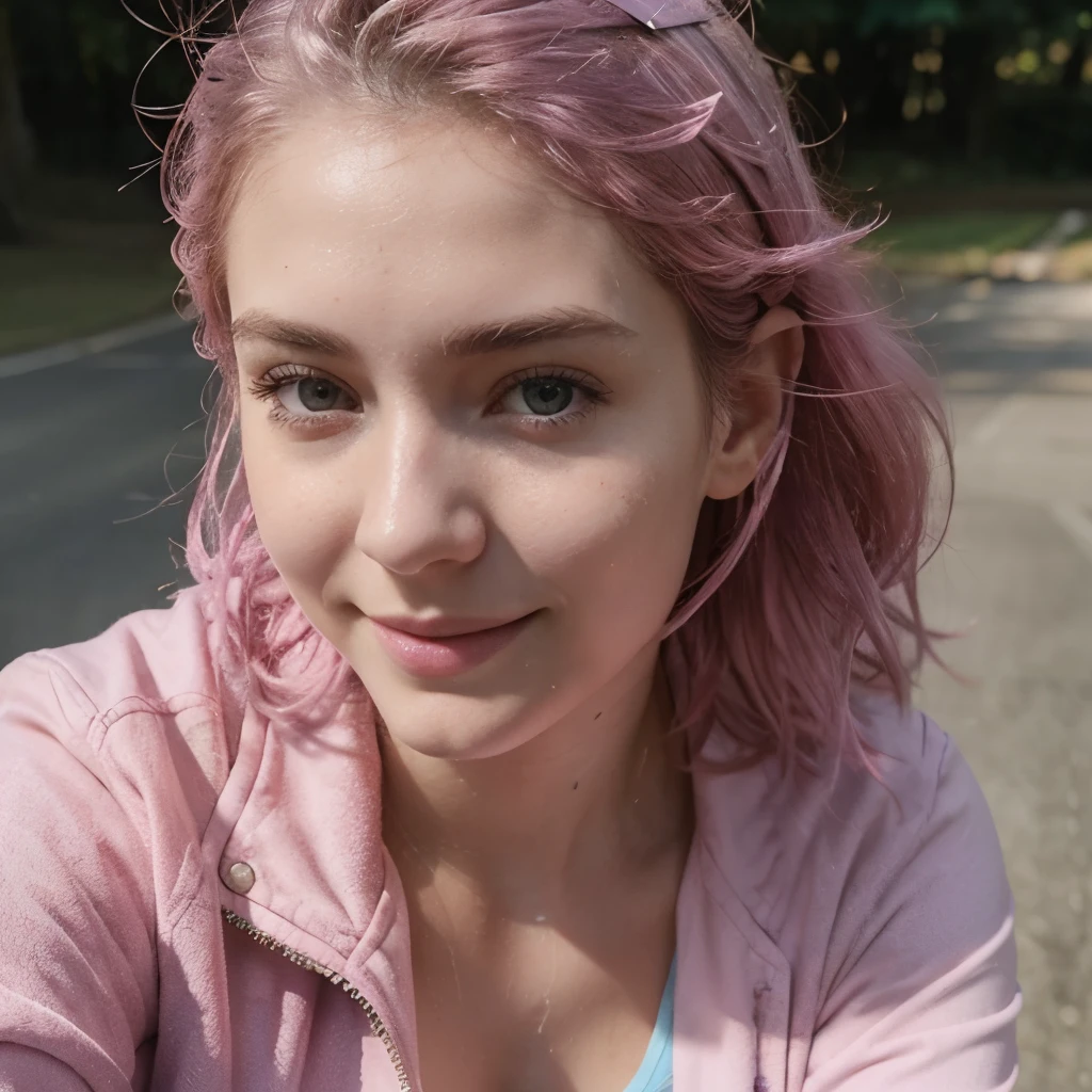 instagram photo, closeup face photo of 23 y.o Chloe in pink jacket, cleavage, pale skin, (smile:0.4), hard shadows, cycling outfit, after shower with wet hair, colored hair