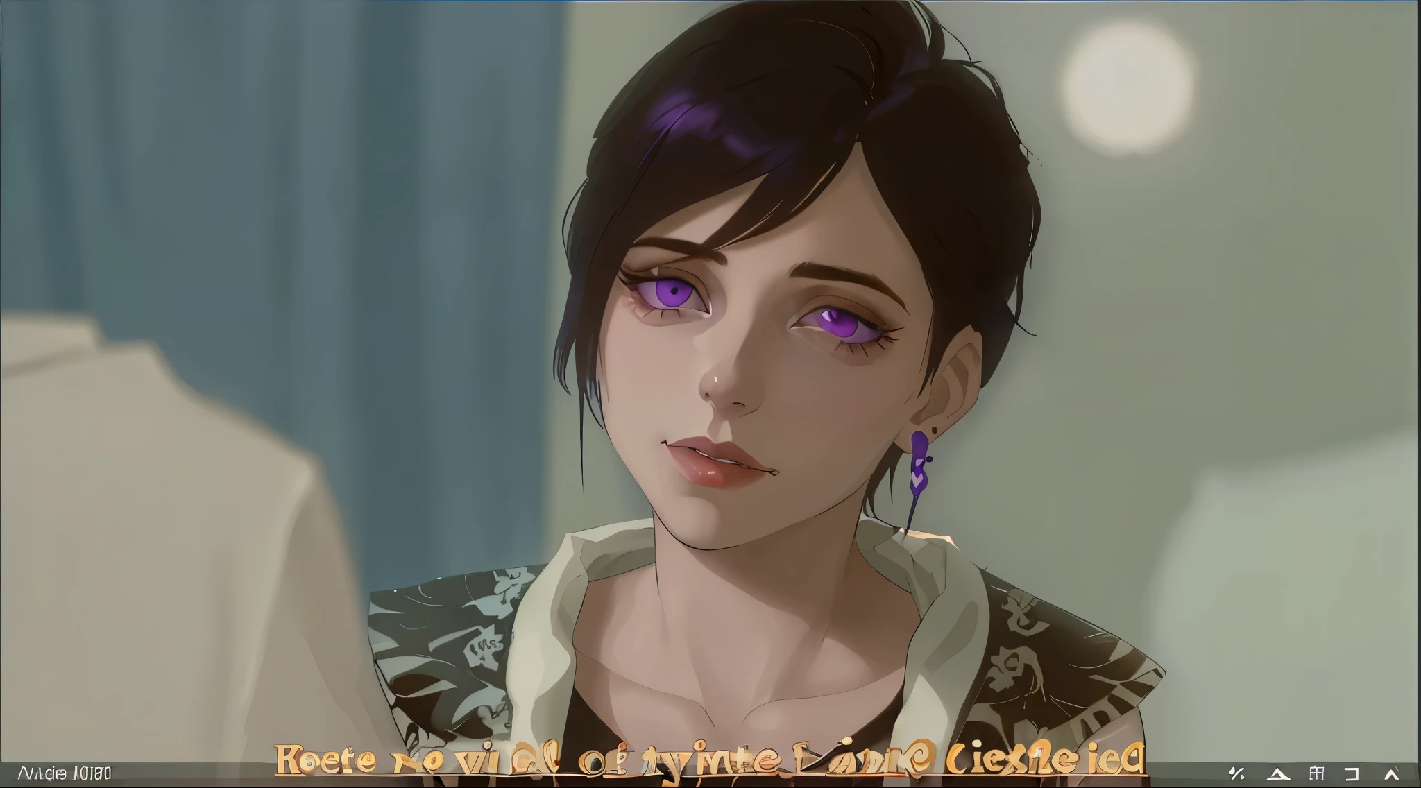 a 50 year old woman with violet eyes and violet hair talks to a young man