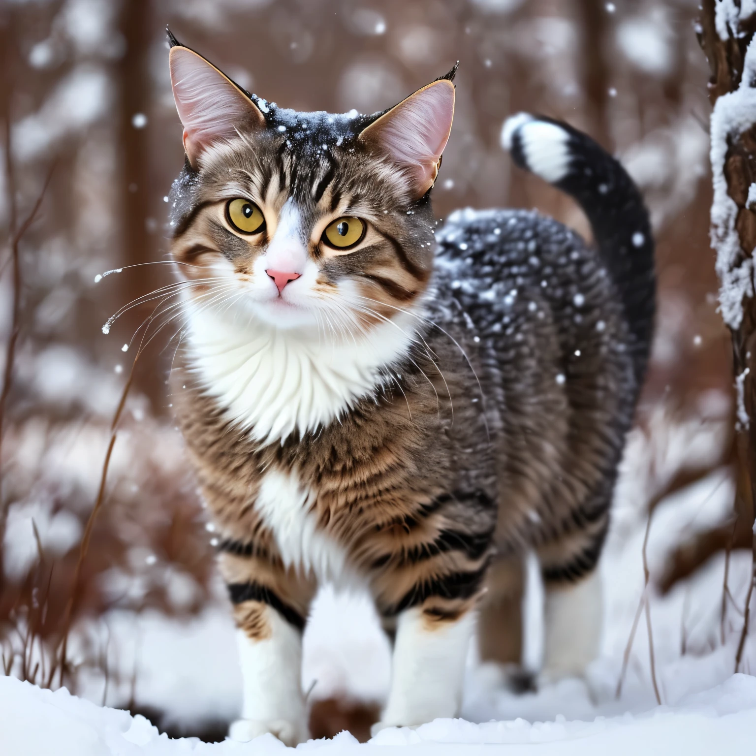 realistic pictures, masterpiece, surreal images, in the snow、A cat wears a coat his size to avoid getting wet, in the forest, blurred background, Cat Cute, cat looking at the snow, small snow, cat on the snow field.