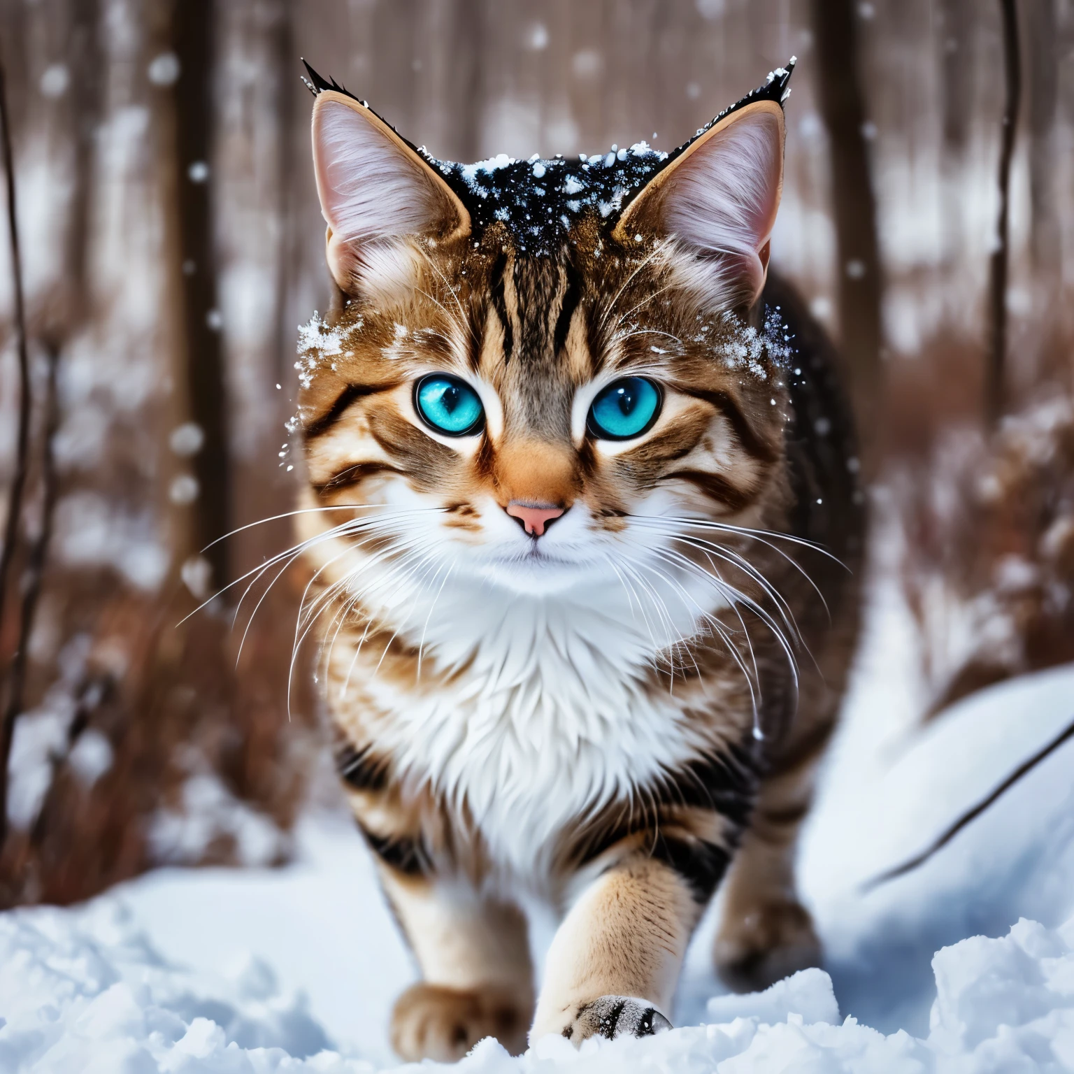 realistic pictures, masterpiece, surreal images, in the snow、A cat wears a coat his size to avoid getting wet, in the forest, blurred background, Cat Cute, cat looking at the snow, small snow, cat on the snow field.  