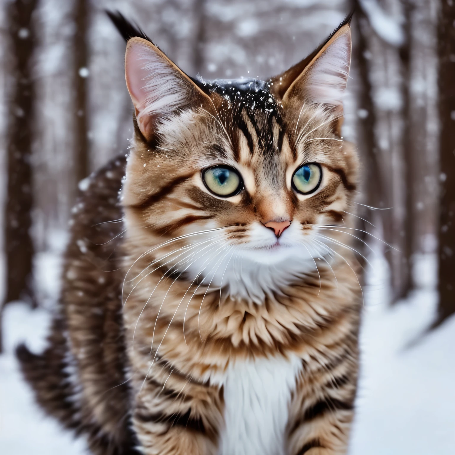 realistic pictures, masterpiece, surreal images, in the snow、A cat wears a coat his size to avoid getting wet, in the forest, blurred background, Cat Cute, cat looking at the snow, small snow, cat on the snow field.
