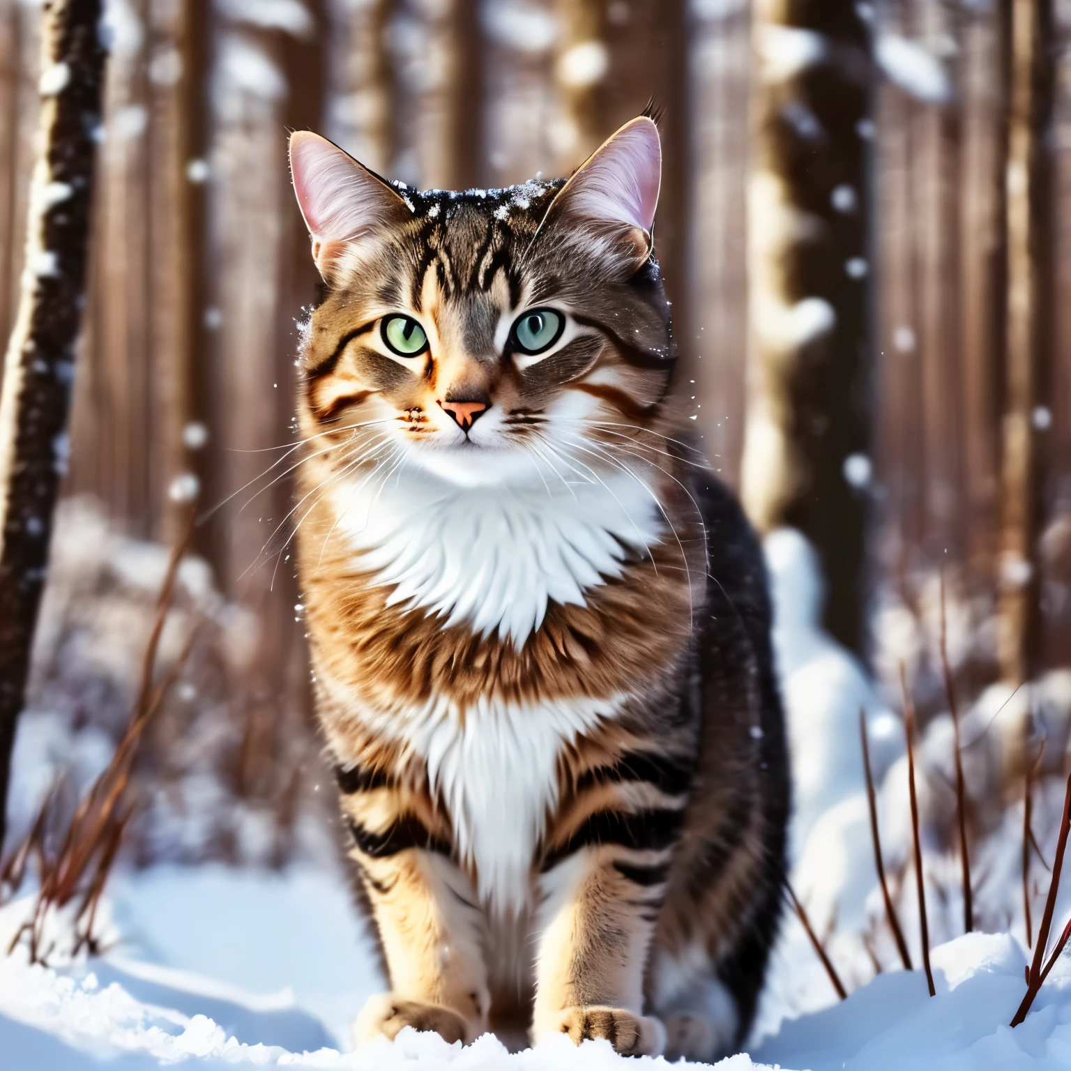 realistic pictures, masterpiece, surreal images, in the snow、A cat wears a coat his size to avoid getting wet, in the forest, blurred background, Cat Cute, cat looking at the snow, small snow, cat on the snow field.