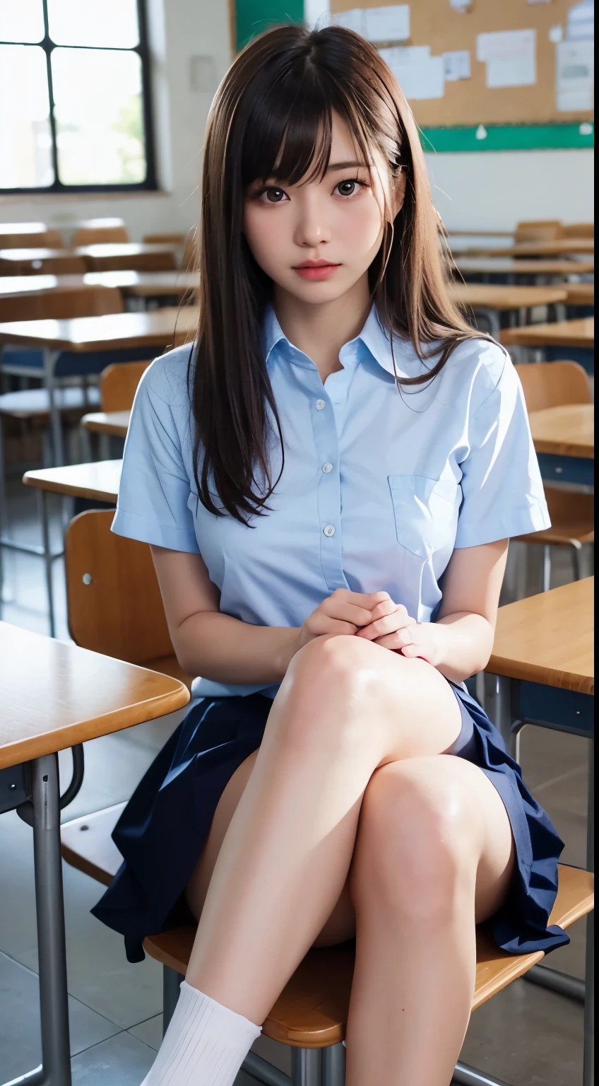 bright look、photorealism、highest quality、Super high resolution、picture、The most beautiful Nordic girls photos、cute and beautiful face details、small face、(Pueros face_v1:0.008)、美しいbangs、alice in wonderland、18-year-old、(thighs thighs thighs:1.2)、Full body Esbian、Brilliant white skin、hair gets tangled in face、顔まで伸びるbangs、bangs、hair between eyes、super long hair、Charming brown super long straight silky hair、thin hair、Charming shining beautiful bright clear light blue big eyes、(school uniform, short sleeve shirt:1.2)、eyeliner、sitting in the classroom、double eyelid、plump breasts、dynamic pose