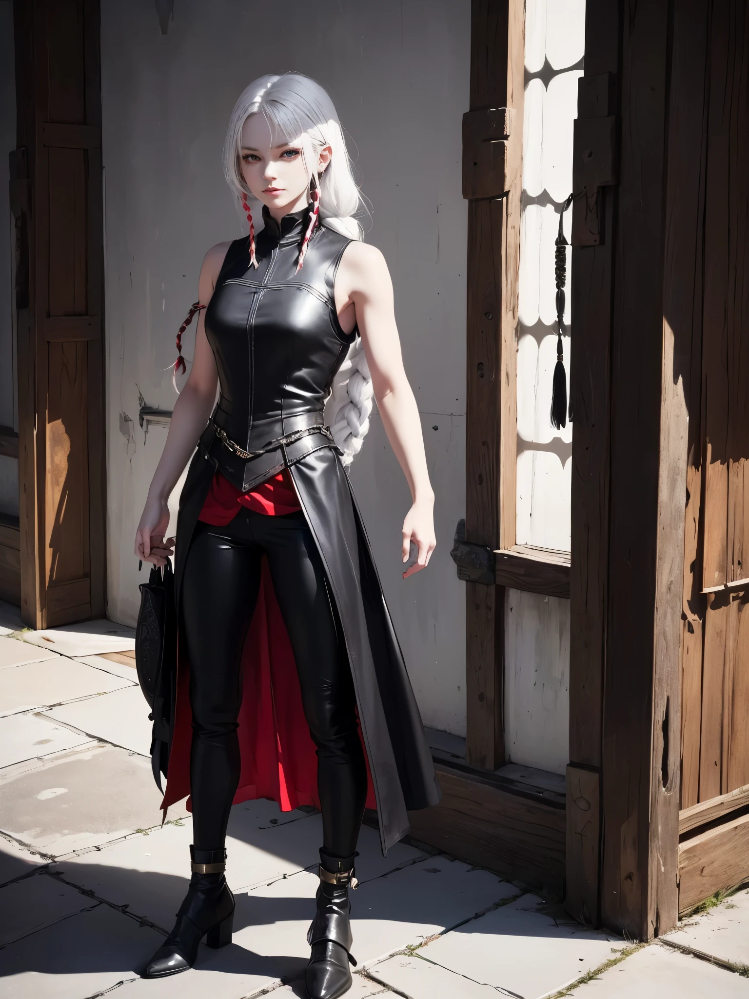 (red eyes), solo, 1girl, young girl, cheerful smirk, shadow on eyes, pale skin, (long white hair with single braid), (messy haircut), ((fantasy medieval clothes), (black sleeveless shirt)), ((light armored clothes)), leather pants, lightweight shoes, full-body portrait, standing, 