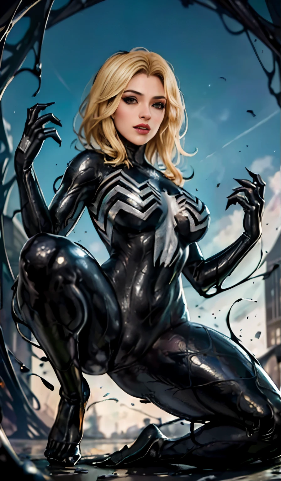 4K,realisticlying,Glamorous,The very detailed,There a girl in Dingcheng,Blonde hair,Wearing a black Spider-Man costume,(Black and white:1.4) the night,symbiote,venomize,a large amount of mucus,she a spiderman,Black superhero theme,In front of the sky,Flushed complexion,( Open legs, camel-toe,, Vulvar shape:1.3),(GGCameltoe:1.3)Legs apart,25 age old,full bodyesbian