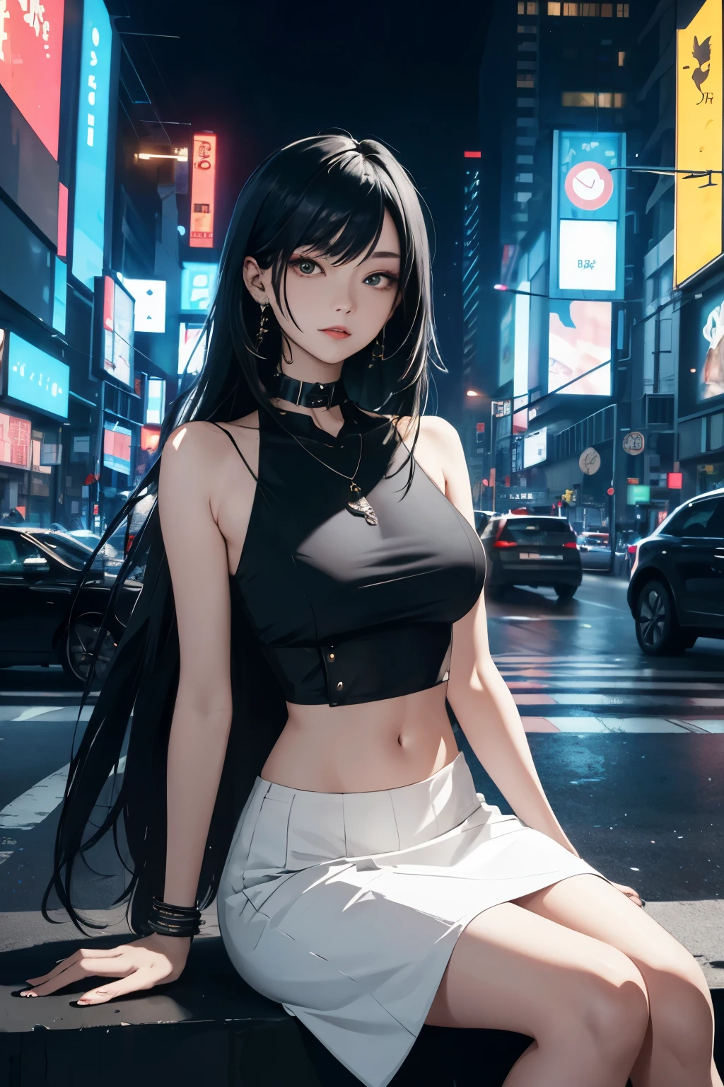 masterpiece, high resolution, cyberpunk art, 1 woman, สีชมพู black hair, sitting alone, city street, traffic light in the background, smoky atmosphere, Type of germs: neon signs, animation art style, only_Shoulder exposed, Black_collar, Large bust, futuristic bridge, buildings with cityscape, decorexistions of neon lights, look_exist_audience with intrigued expressions, intricate make-up, diaphragm detail at her navel, necklace glowing in the night, long_hair flowing in the wind, white skirt, skyscraper looming in the background. --s