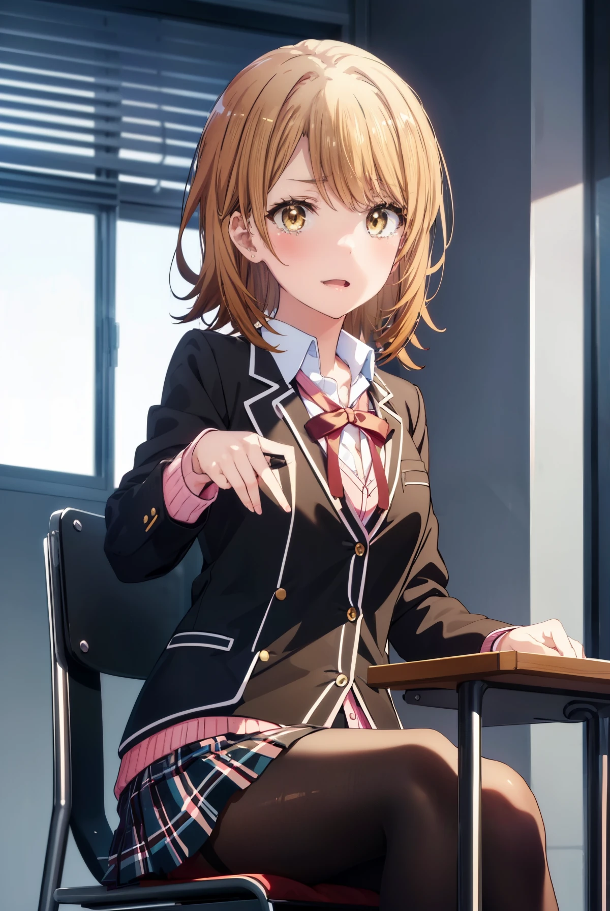 irohaisshiki, iroha isshiki, short hair, brown hair, (brown eyes:1.5), smile,tears run down her face,Crying with joy,birthday会,机の上にケーキが置いてある
break skirt, shirt, ribbon, school uniform, Jacket, white shirt, open clothes, black pantyhose, open Jacket, black Jacket, plaid, knee high, plaid skirt, blazer, cardigan, pink cardigan, sobu high school uniform,birthday,birthday_party,sitting in a chair,birthday_have,ball,cupcake,birthday_cupcake,cheerfulness,Kaihuai,cheerfulness_atmosphere,風景
break indoors, classroom,
break (masterpiece:1.2), highest quality, High resolution, unity 8k wallpaper, (figure:0.8), (detailed and beautiful eyes:1.6), highly detailed face, perfect lighting, Very detailed CG, (perfect hands, perfect anatomy),