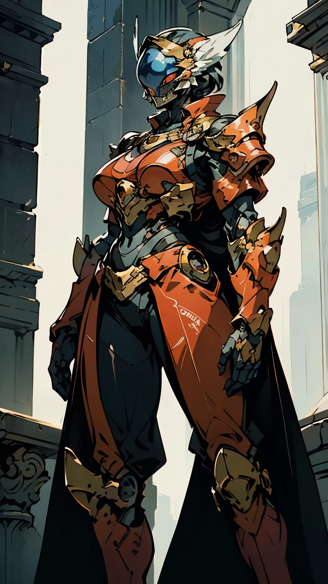 A woman adorned in fantasy-style full-body armor, a crown-concept fully enclosed helmet that unveils only her eyes, a composite layered chest plate, fully encompassing shoulder and hand guards, a lightweight waist armor, form-fitting shin guards, the overall design is heavy-duty yet flexible, (the armor gleams with a golden glow, complemented by red and blue accents), exhibiting a noble aura, she floats above a fantasy-surreal high-tech city, this character embodies a finely crafted fantasy-surreal style armored hero in anime style, exquisite and mature manga art style, (mixture of Queen bee and Spider concept Armor, plasma), ((Element, elegant, goddess, femminine:1.5)), metallic, high definition, best quality, highres, ultra-detailed, ultra-fine painting, extremely delicate, professional, anatomically correct, symmetrical face, extremely detailed eyes and face, high quality eyes, creativity, RAW photo, UHD, 32k, Natural light, cinematic lighting, masterpiece-anatomy-perfect, masterpiece:1.5