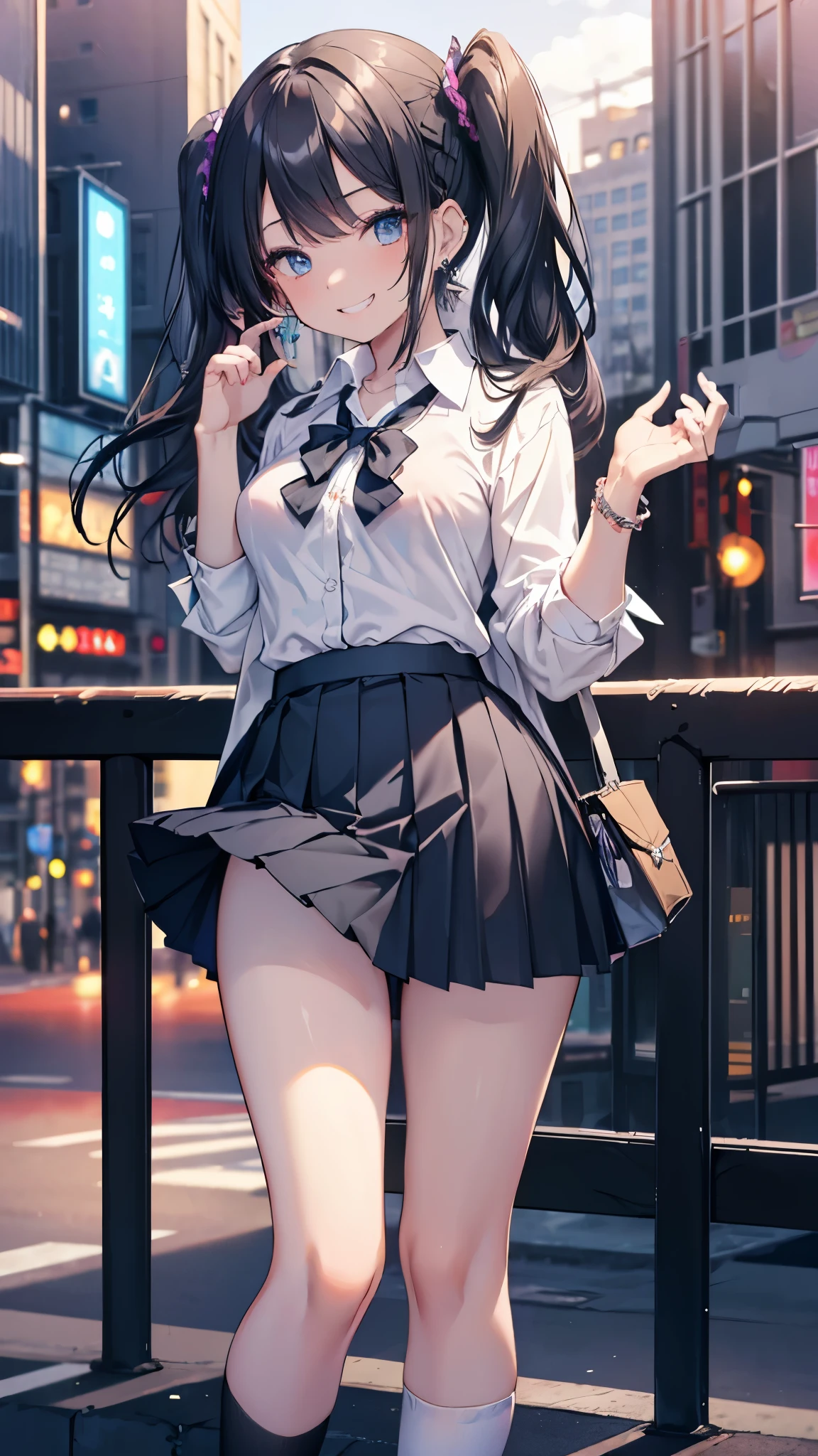 (masterpiece、highest quality、Super detailed)、detailed face、1 girl、gyaru、black hair、twintails、long hair、blunt bangs、light blue eyes、evil smile、((grin))、steam、earrings、((small breasts))、((white collared shirt))、((open clothes))、((black pleated skirt))、((miniskirt))、Are standing、cowboy shot、((City of night))、downtown background