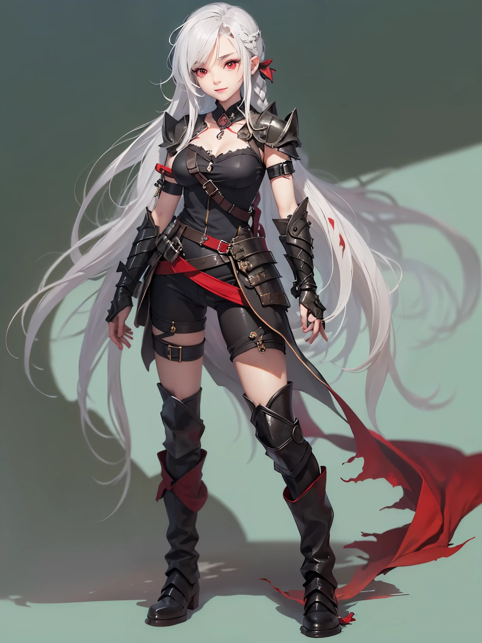 (red eyes), solo, 1girl, young girl, smug expression, cheerful smirk, shadow on eyes, pale skin, (long white hair with single braid), (messy haircut), (fantasy medieval clothes), (black sleeveless shirt), ((light armored clothes)), leather pants, light shoes, full-body portrait, standing, many scars on body,
