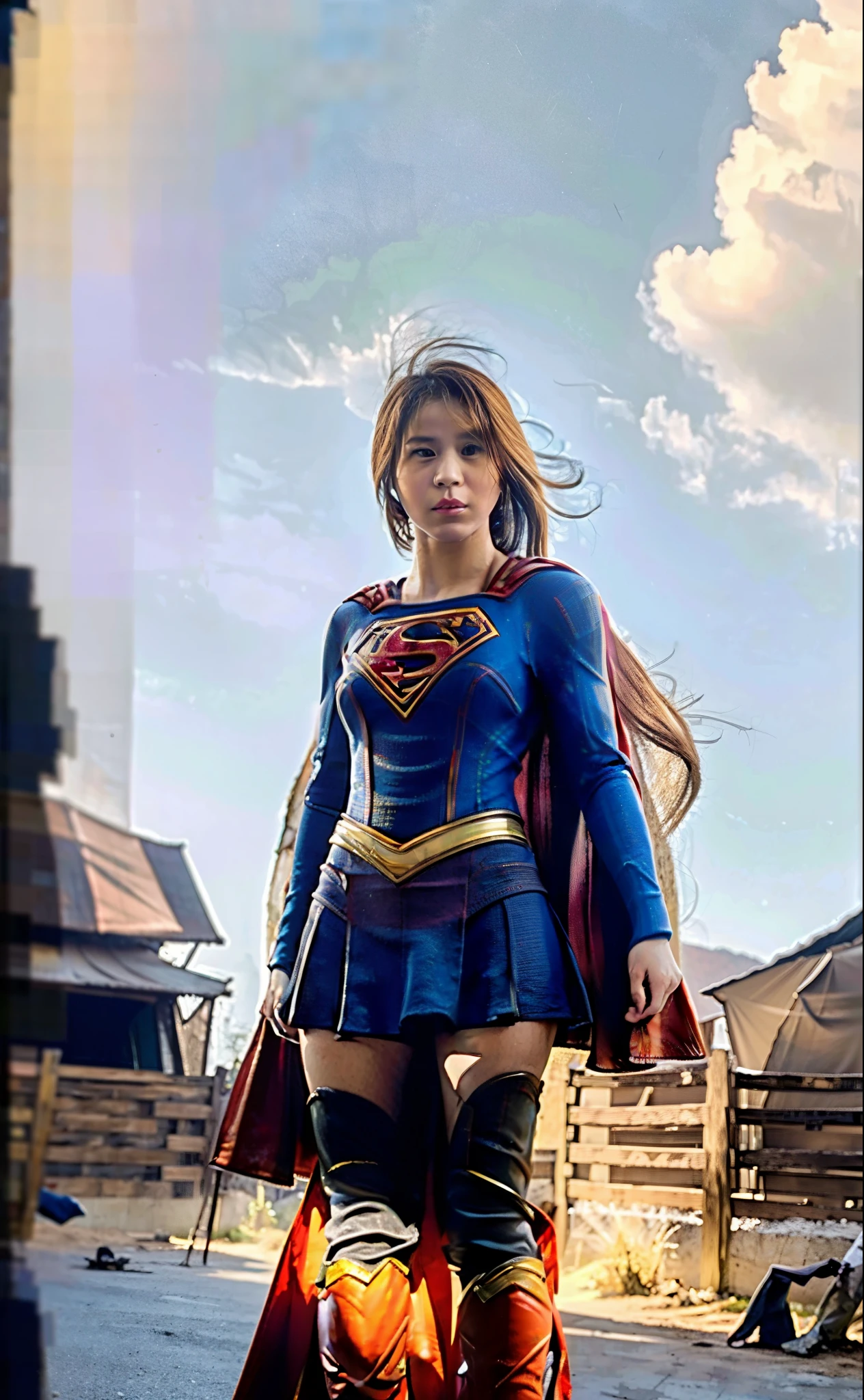 (ultra realisic), (Resolution Enhancement), (8K), (A highly detailed), (Top Quality), (A highly detailed), (masterpiece), (wall paper), (Detailed face), Half-length,1girl,(perfect body figure,Tall and slender),Solo,Standing,(Outdoor:1),sky,focus on the face,beautifull face,Delicate young face,Supergirl,(Supergirl Suit:1.5),jumpsuit,(large full breasts,large full breasts,large full breasts:1.3),thigh gaps,Camel toe
Realistic style, vivid pictures, masterpiece, (Top Quality: 1.2), A highly detailed, Realistis, high image quality, highs quality, Cinematic light, 光线追踪, The ultra-Highres, UHD, (Photorealistic: 1.5), intriciate detail, detailed texture, finelydetail, High quality shadow, Peggy