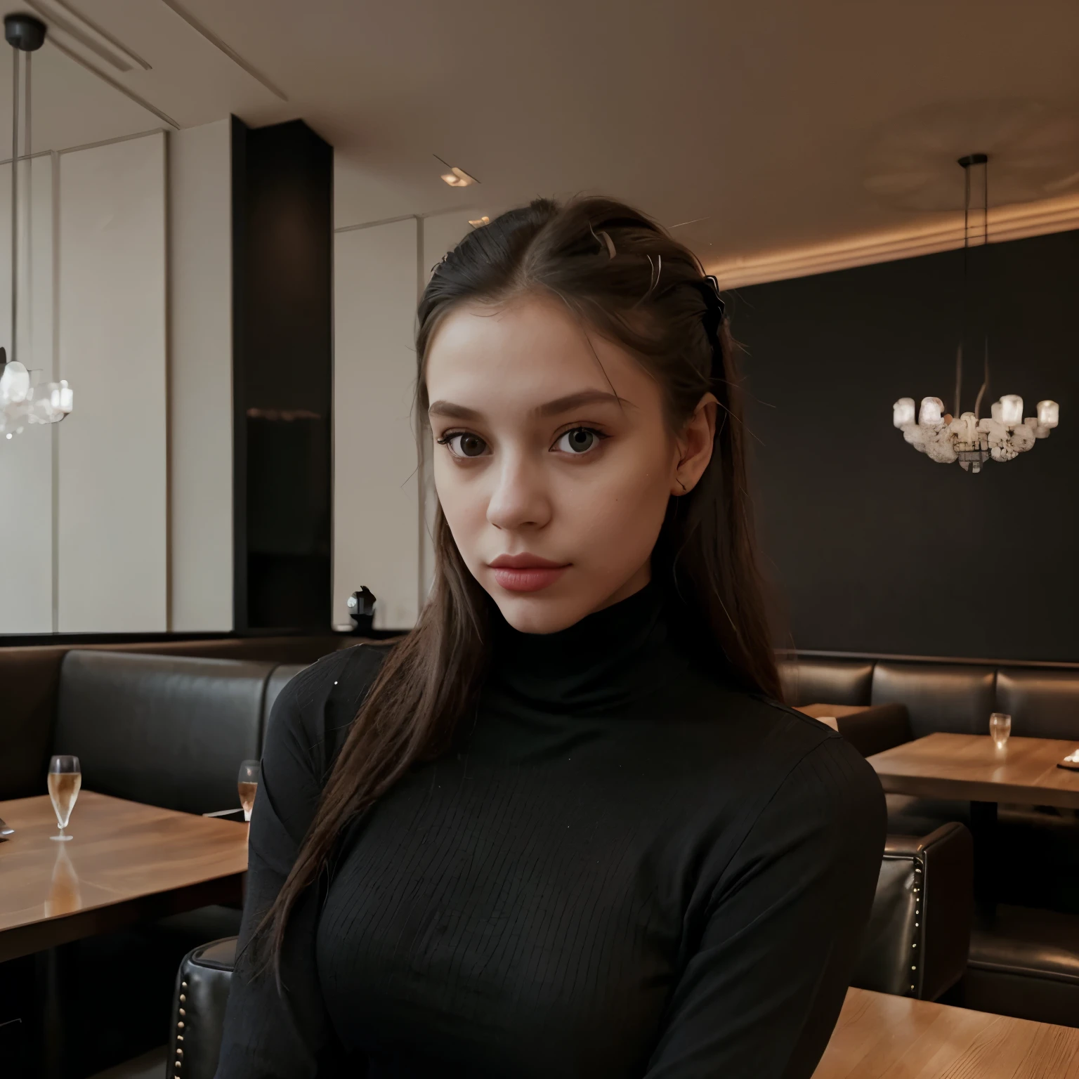 a girl wearing a black turtleneck in a modern restaurant, luxury Aesthetic