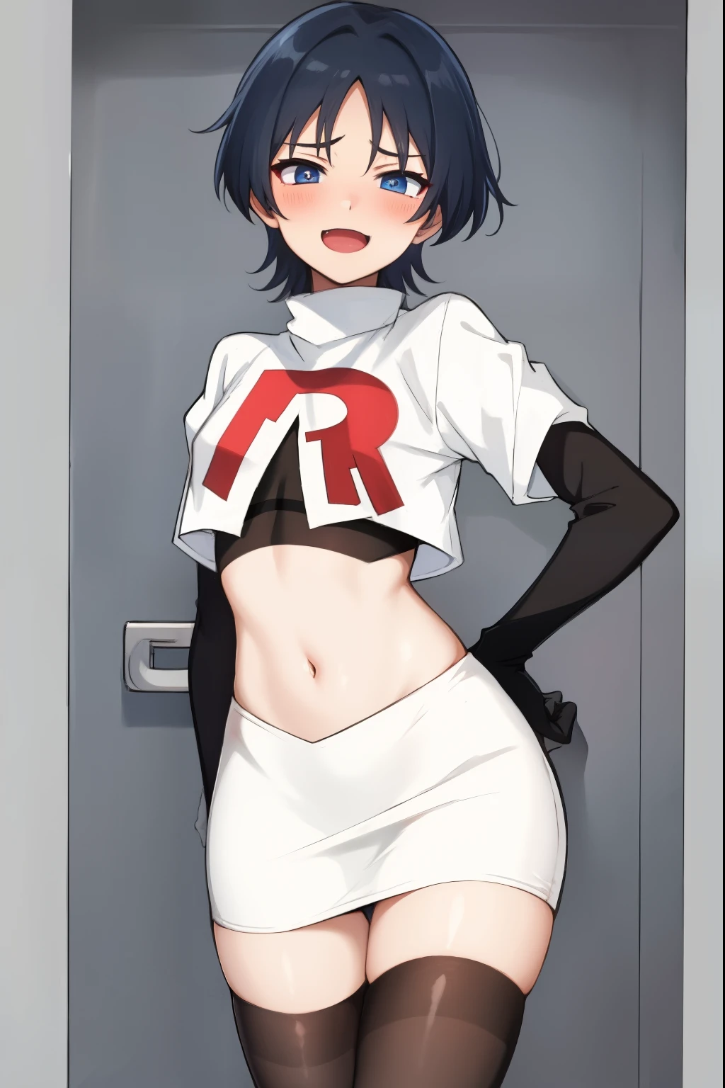 absurdres,masterpiece, trap, best quality, highres, high quality, 1boy, solo, male focus, hair, crossdressing,1boy,team rocket,team rocket uniform,white skirt,red letter R,crop top,black thigh-highs,black elbow gloves, evil laugh, blush