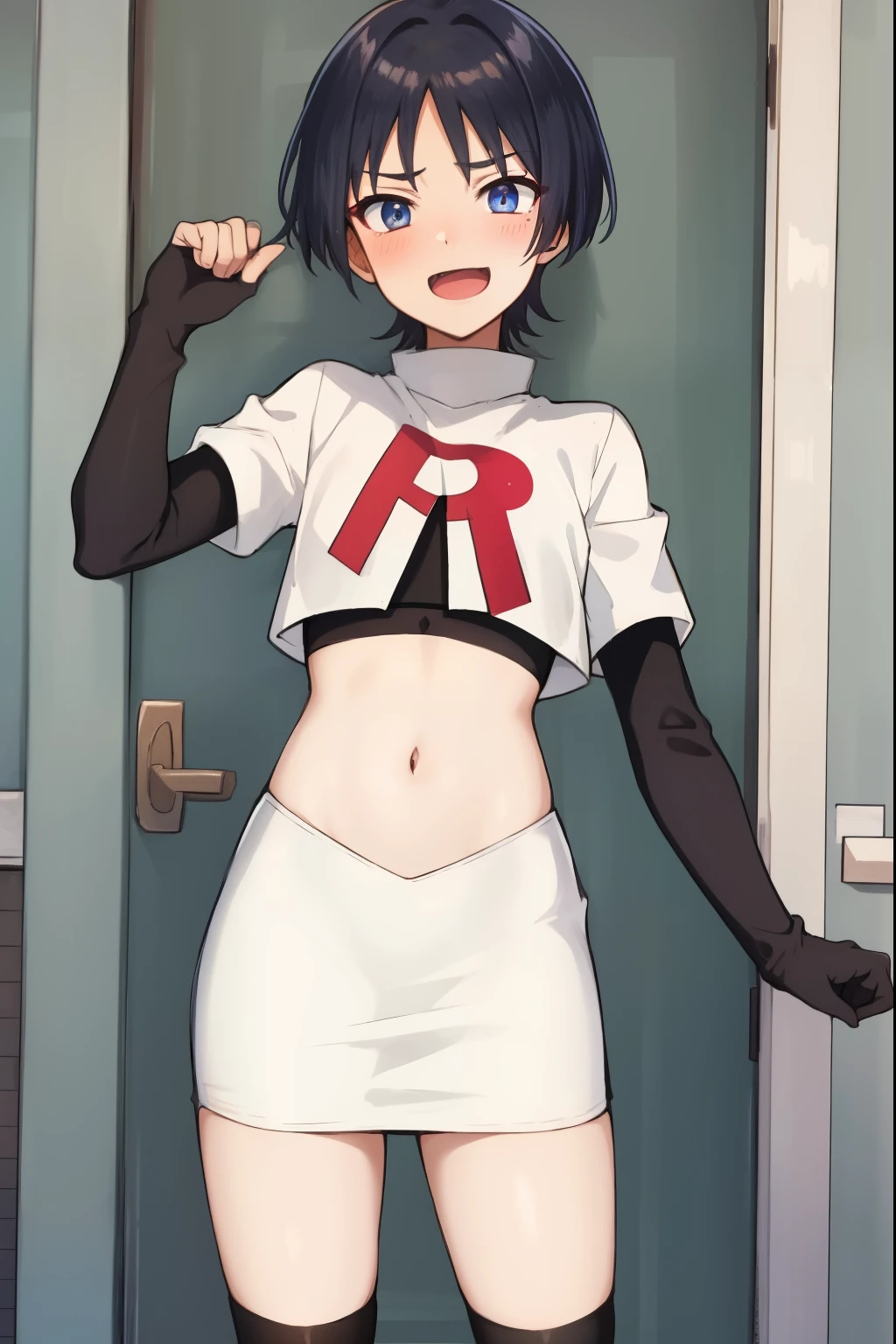 absurdres,masterpiece, trap, best quality, highres, high quality, 1boy, solo, male focus, hair, crossdressing,1boy,team rocket,team rocket uniform,white skirt,red letter R,crop top,black thigh-highs,black elbow gloves, evil laugh, blush