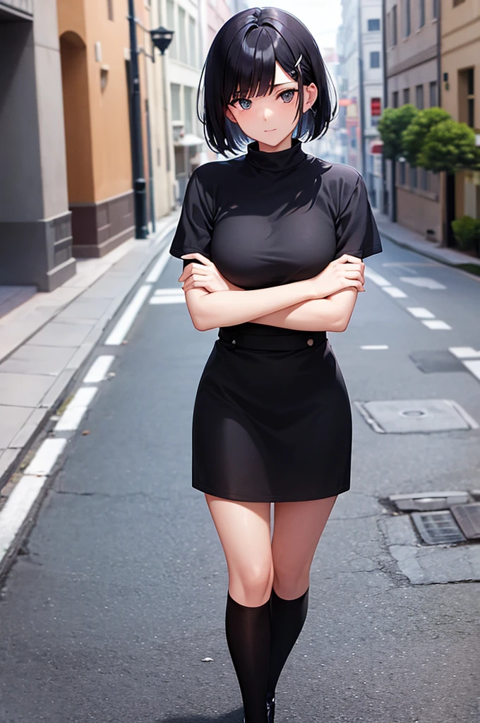 black hair bob cut　Confident girl wearing black Inverness　Around 16 years old　Standing with folded arms　on the cobblestone sidewalk　 black shining eyes
