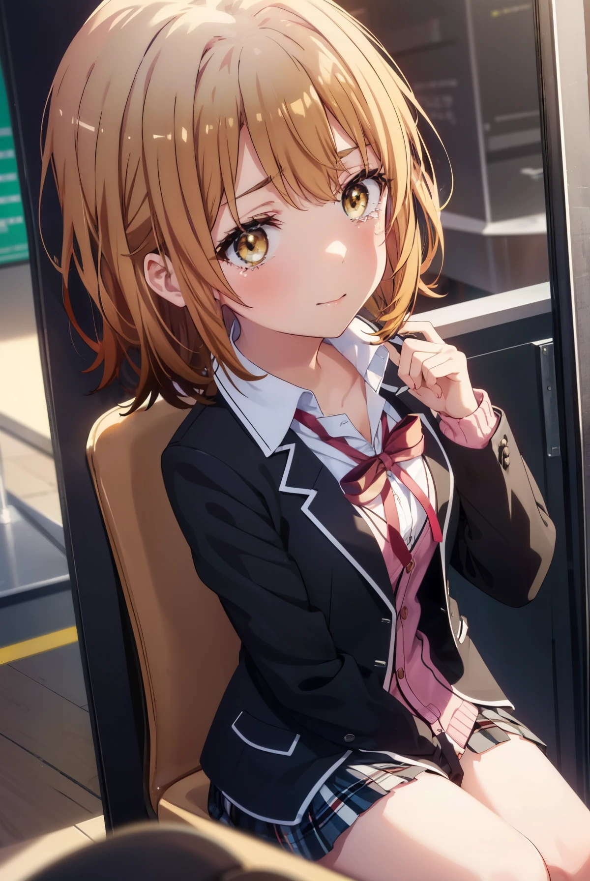masterpiece, Highest quality, High resolution, Airoha, Medium Hair, , Neck ribbon, Collared shirt, blazer, Black jacket, Open jacket, Long sleeve, Checked skirt, Crouching,Underwear is visible,Tie pants, Cowboy Shot, smile, Open your mouth, Outdoor, Angle from below