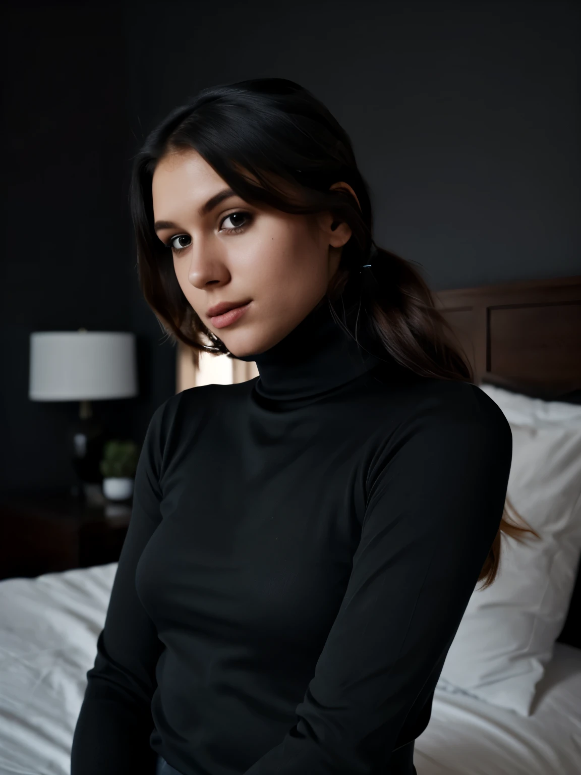 a girl wearing a black turtleneck in a black modern bedroom, Dark Aesthetic, black aesthetic luxury, Zoom in on turtleneck, close up on turtleneck