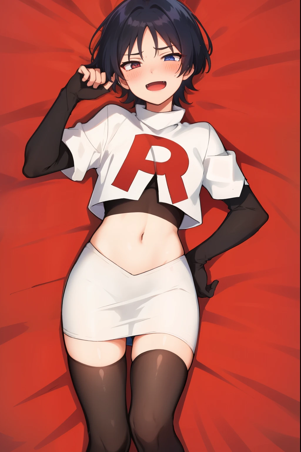 absurdres,masterpiece, trap, best quality, highres, high quality, 1boy, solo, male focus, hair, crossdressing,1boy,team rocket,team rocket uniform,white skirt,red letter R,crop top,black thigh-highs,black elbow gloves, evil laugh, blush