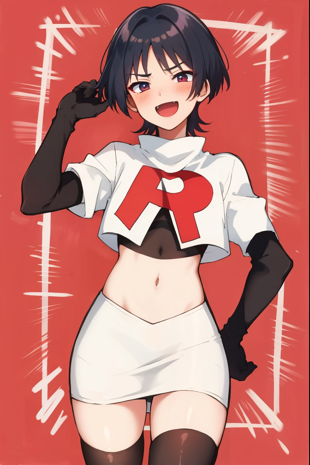 absurdres,masterpiece, trap, best quality, highres, high quality, 1boy, solo, male focus, hair, crossdressing,1boy,team rocket,team rocket uniform,white skirt,red letter R,crop top,black thigh-highs,black elbow gloves, evil laugh, blush