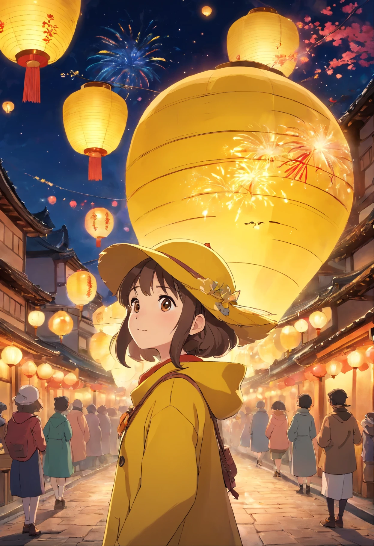 fireworks，Absolutely beautiful girl wearing yellow coat、Wearing a yellow hat and looking into the distance.、There are many floating Kongming lanterns on the street in the background，smilingly，Hanfu，Vision lantern